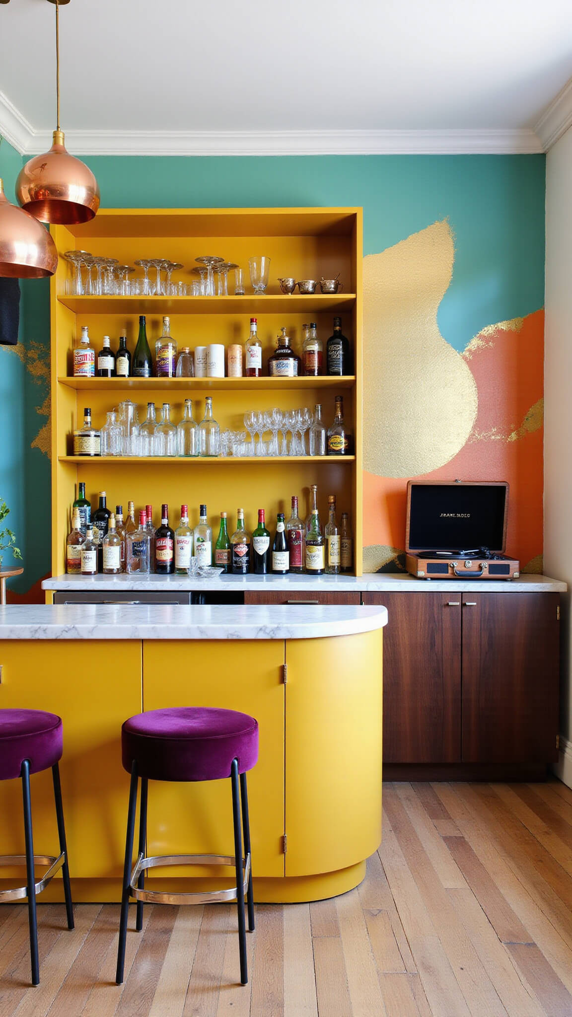 Colorful home bar with mustard yellow cabinet, marble countertop, plum velvet barstools, abstract mural, copper pendant lights, and vintage record player.
