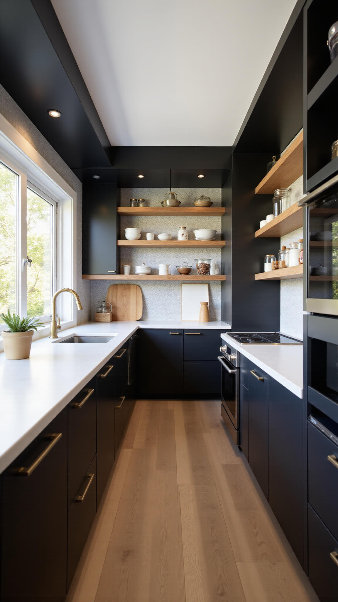 Modern black galley kitchen with white quartz countertops, brass accents, open shelving, and warm afternoon lighting.