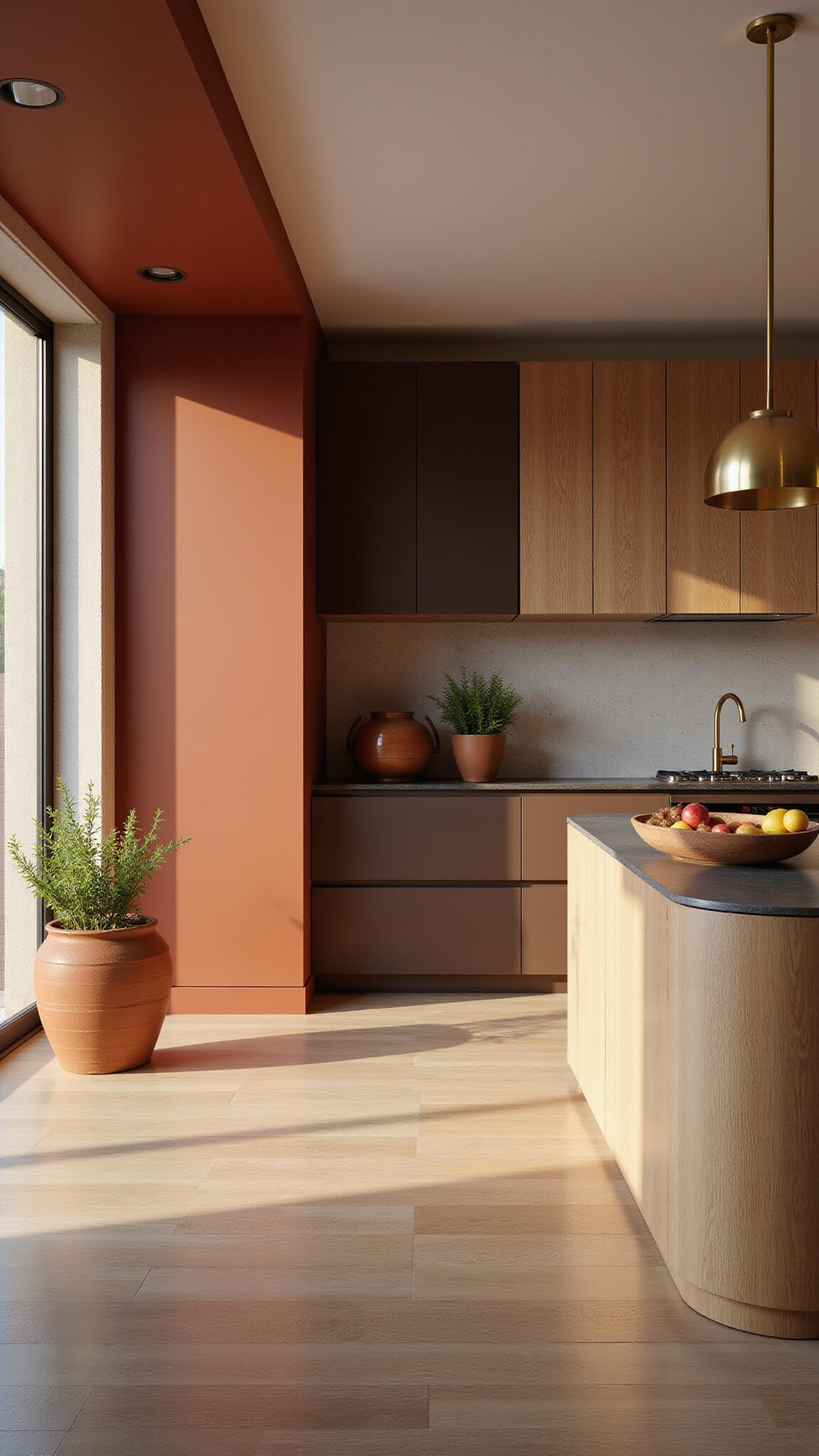 Modern spacious kitchen with rust-colored floor-to-ceiling cabinets, smoky brown and light oak two-tone cabinetry, large curved concrete island, brass pendant lights, and earthy décor.