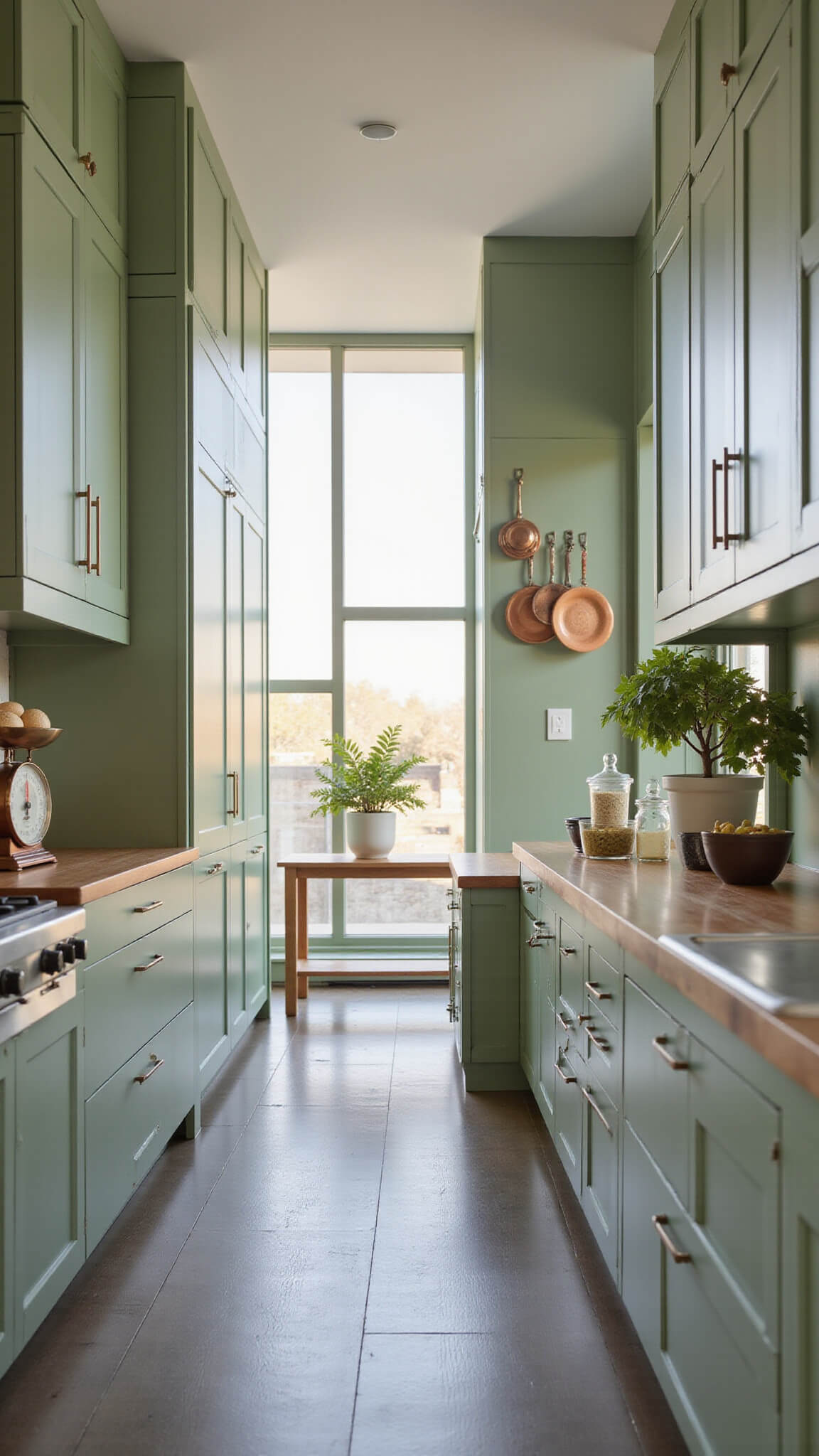 Intimate sage green galley kitchen at dawn with ceiling-height cabinets, copper cookware, butcher block island, and soft diffused lighting.