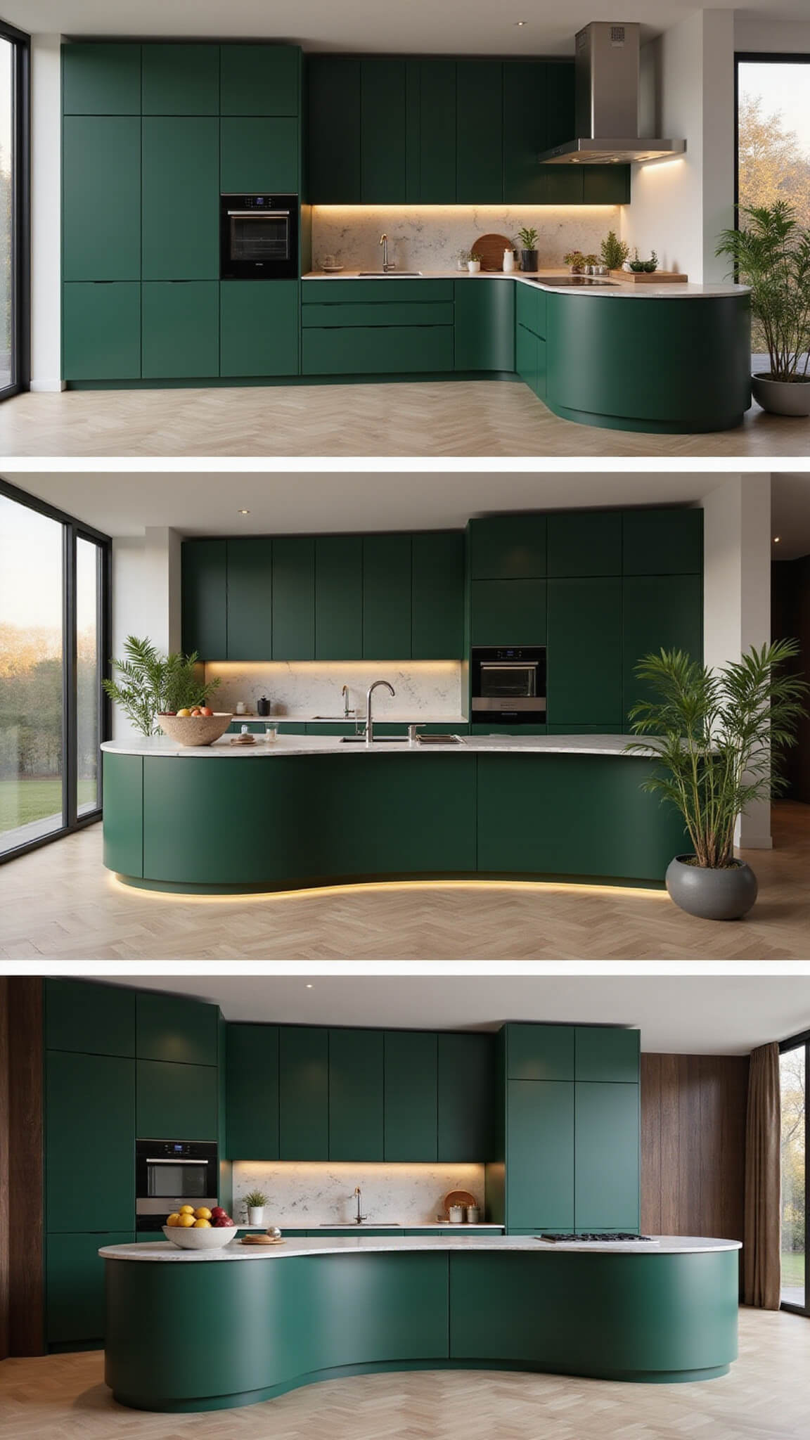Luxurious open-plan kitchen with emerald green curved cabinets, large island with waterfall edges, and golden hour lighting.