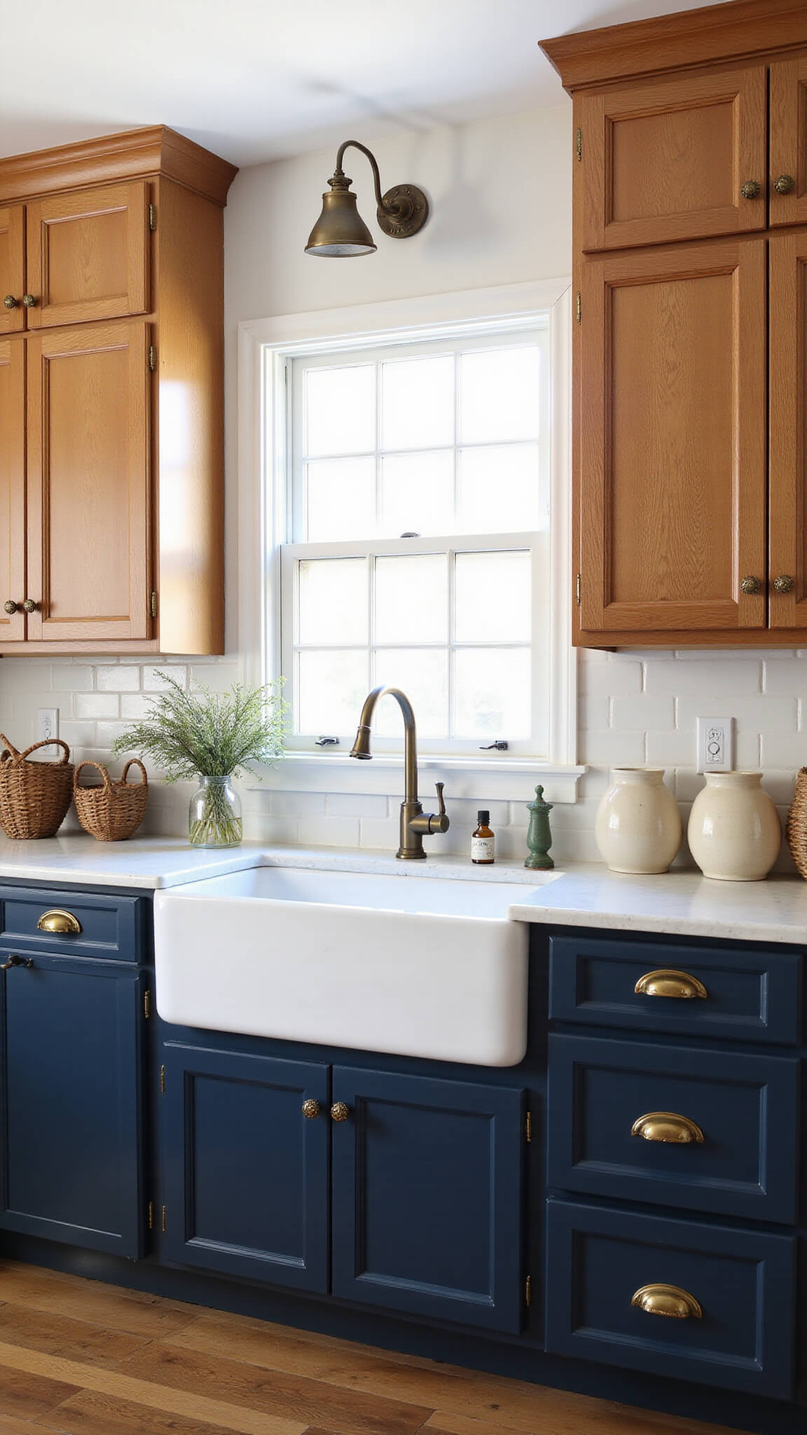 Cozy farmhouse kitchen with honey oak and navy cabinets, brass hardware, farmhouse sink under a window, and rustic decor like baskets, crocks, and dried herbs.
