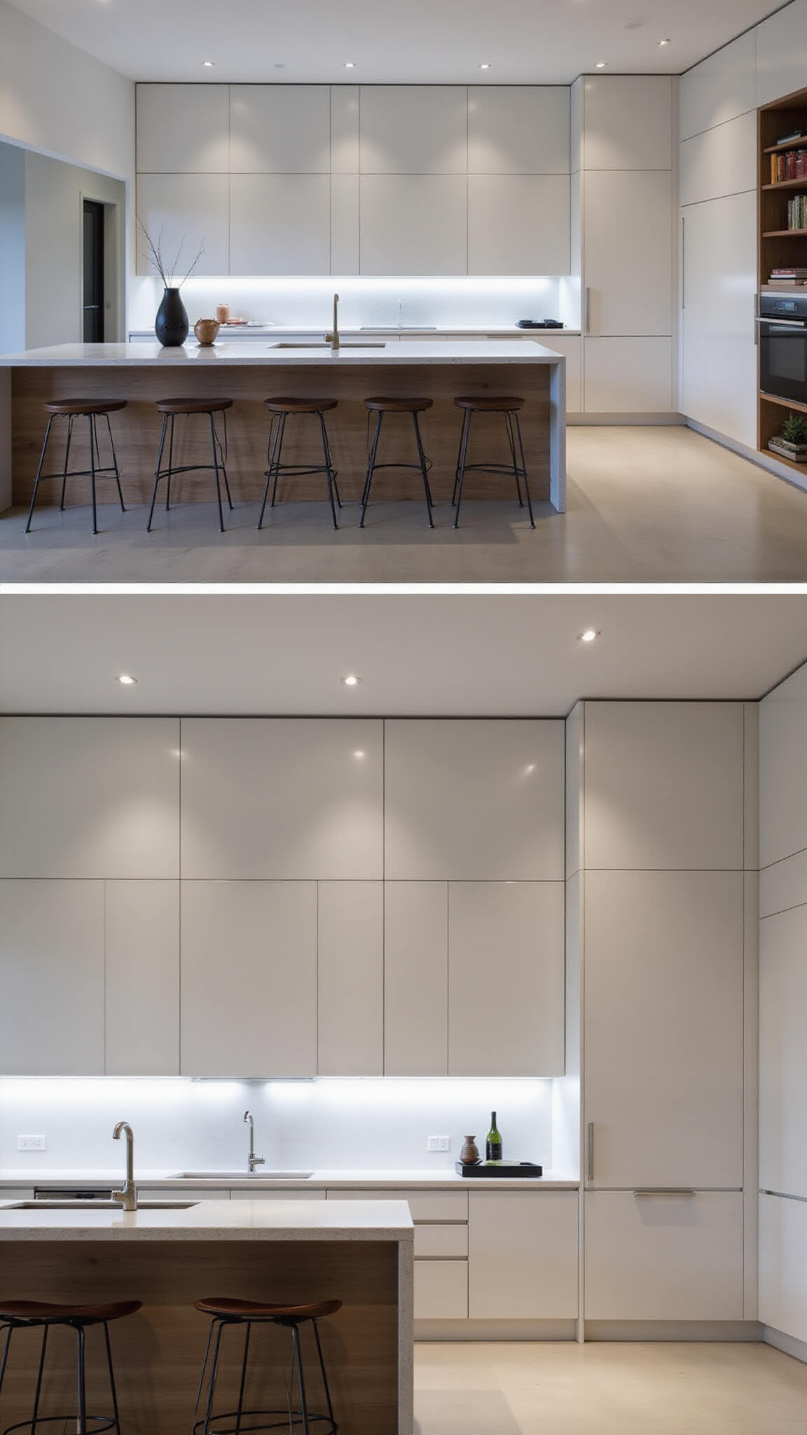 Minimalist twilight kitchen with LED lighting, white and walnut handle-less cabinets, hidden pantry, quartz waterfall island, and sparse modern decor.
