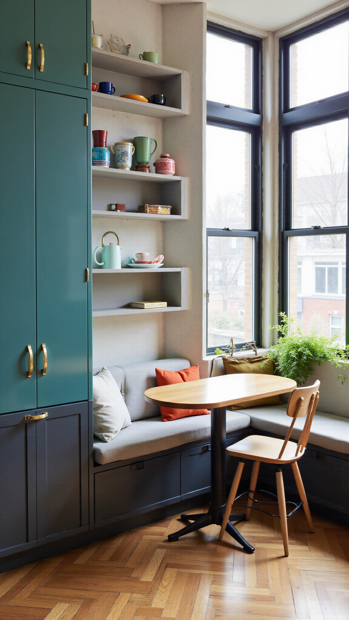 Eclectic kitchen nook with teal and charcoal cabinets, brass-trimmed glass doors, concrete shelves, vintage chairs, colorful mugs, and herb garden in soft morning light.