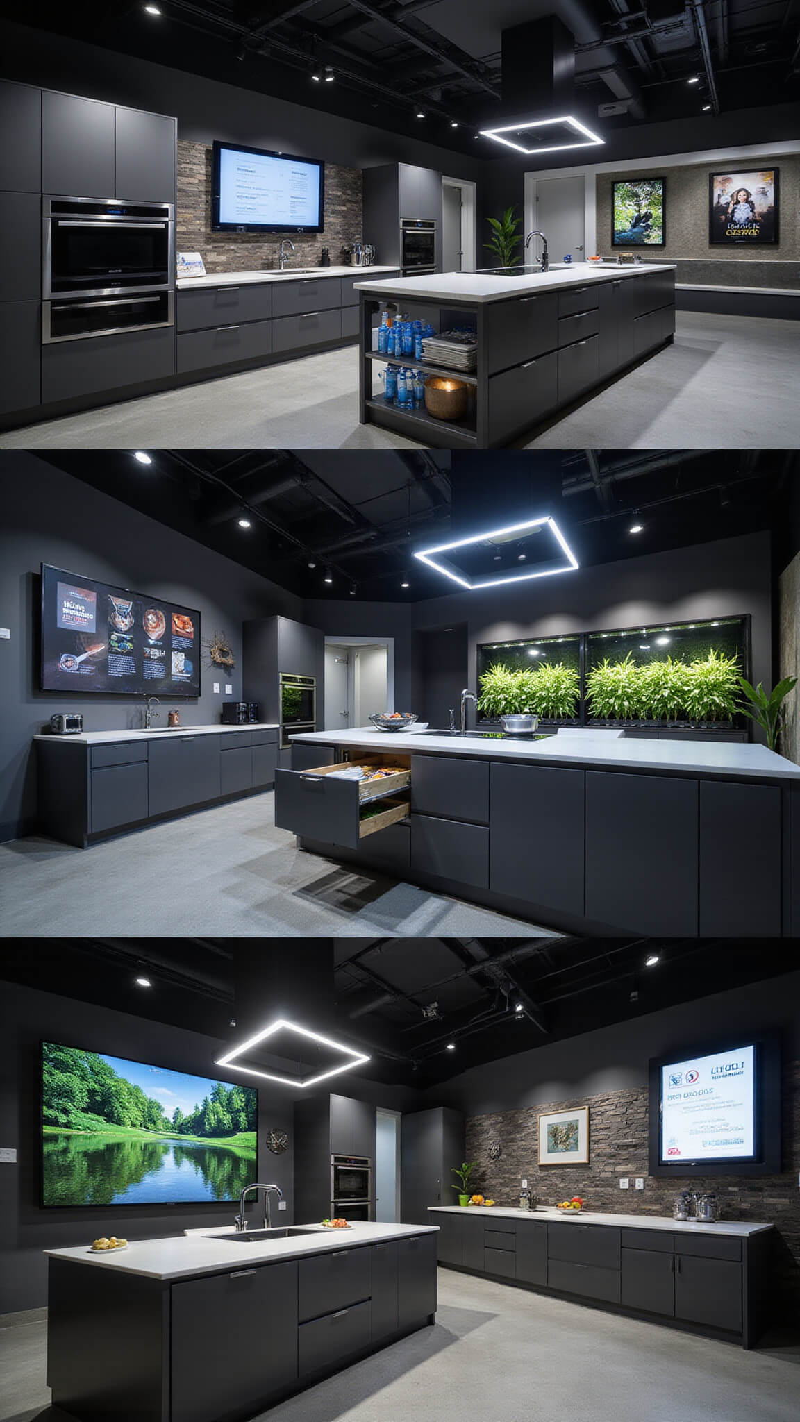 High-tech kitchen studio at night with smart graphite cabinets, LED lighting, induction island cooktop, and hydroponic herb wall.