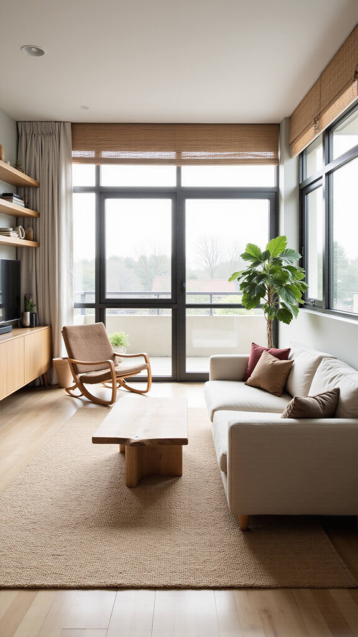Japandi-style living room with beige linen sofa, wooden chairs, jute rug, floor-to-ceiling windows, and natural decor in soft morning light.