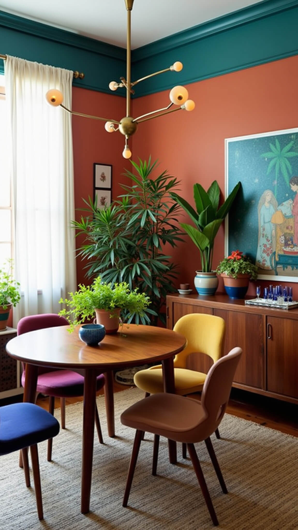 Eclectic dining room with teal and terracotta walls, jewel-toned velvet chairs around a round walnut table, brass chandelier overhead, handmade ceramics on a sideboard, and lush green plants in corners.