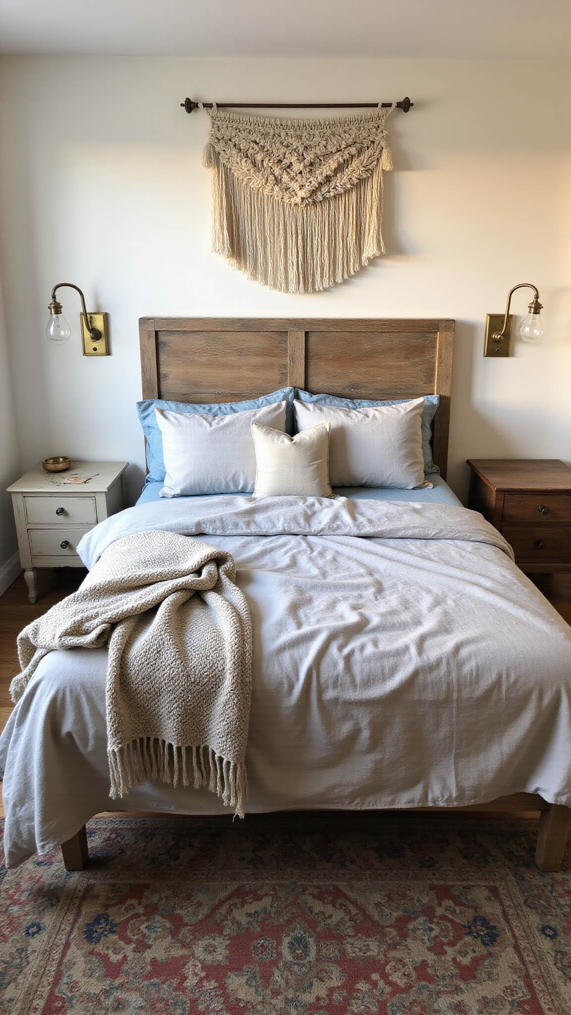 Cozy 10x12ft bedroom with a king-size bed in rumpled linen bedding, chunky knit throw, mismatched nightstands, bohemian macramé wall hanging, Persian rug on oak flooring, and warm early evening lighting.