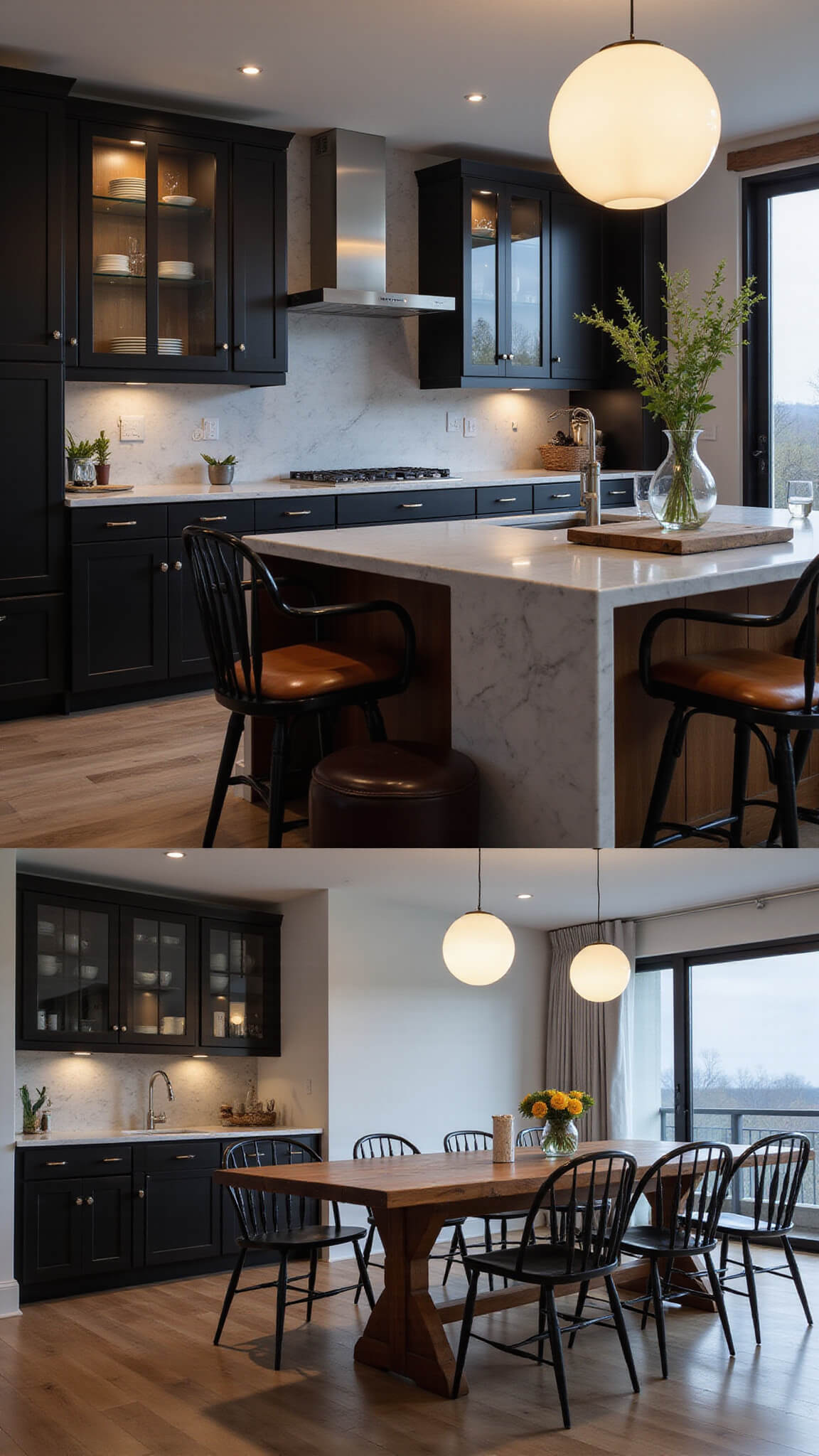 Open-concept kitchen and dining area at dusk with black cabinets, white quartzite island, cognac barstools, and live-edge dining table with black chairs, softly lit by globe pendant lights.