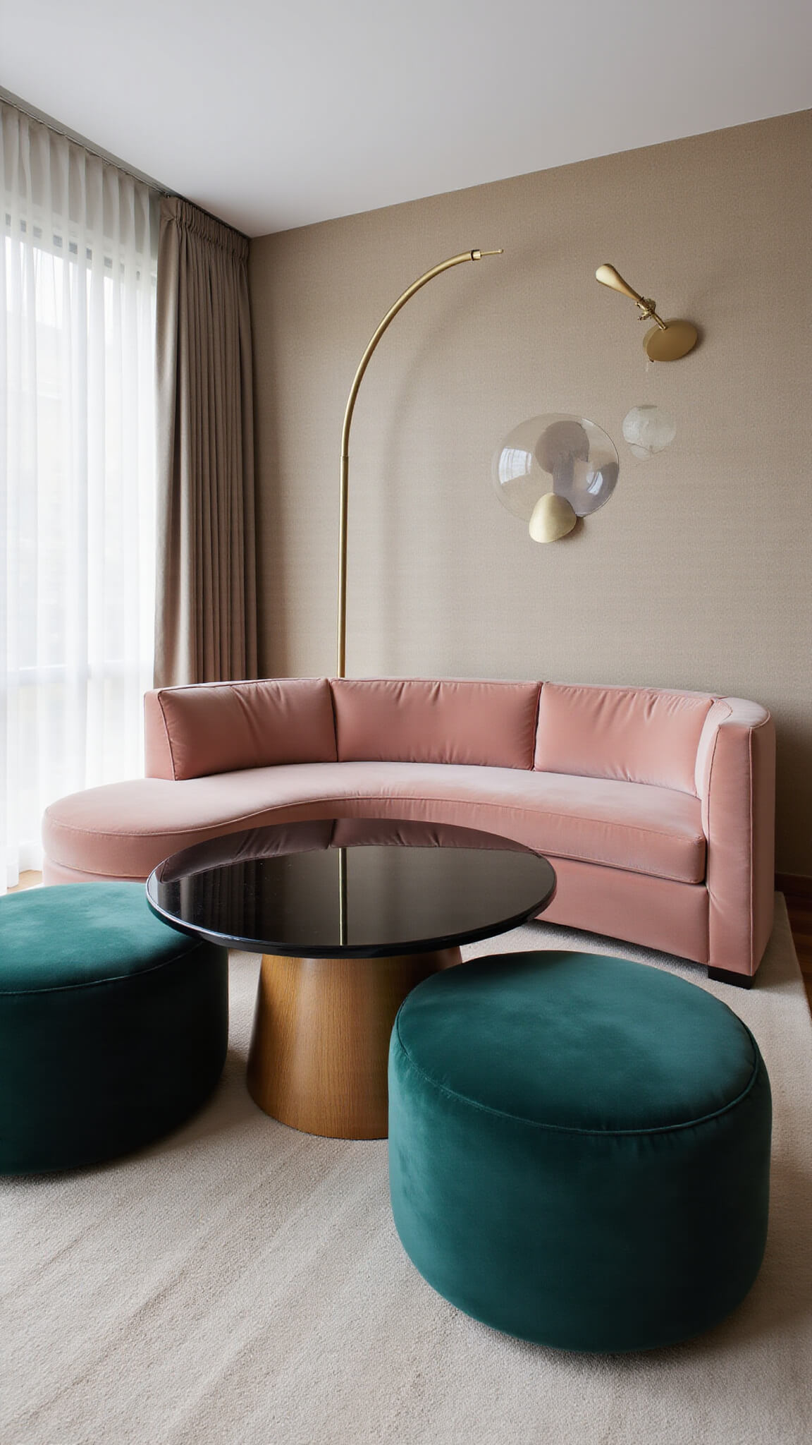 Curved blush velvet sofa with green round ottomans and circular coffee table in a cozy, art deco-inspired living space.
