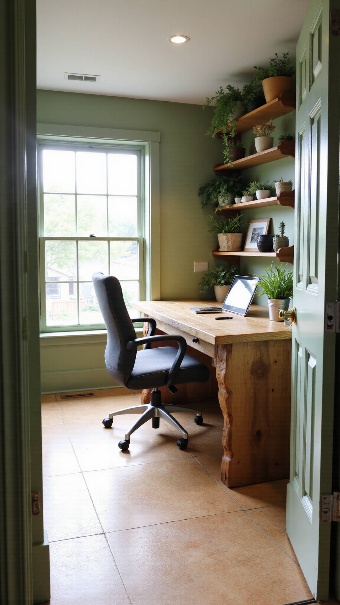 Eco-friendly 14x16ft home office with reclaimed wood desk, ergonomic chair, cork flooring, sage green low-VOC walls, potted plants, open shelving, LED lighting, and large window overlooking herb garden.