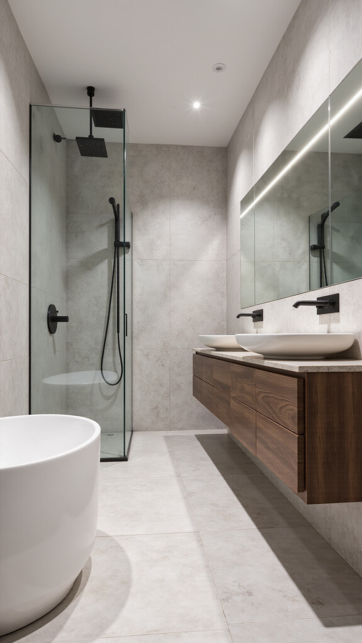 Top-down view of a luxurious 6x8ft wet room bathroom with marble-effect tiles, freestanding oval tub, rainfall shower, walnut floating vanity, wall-to-wall backlit mirror, and matte black fixtures.