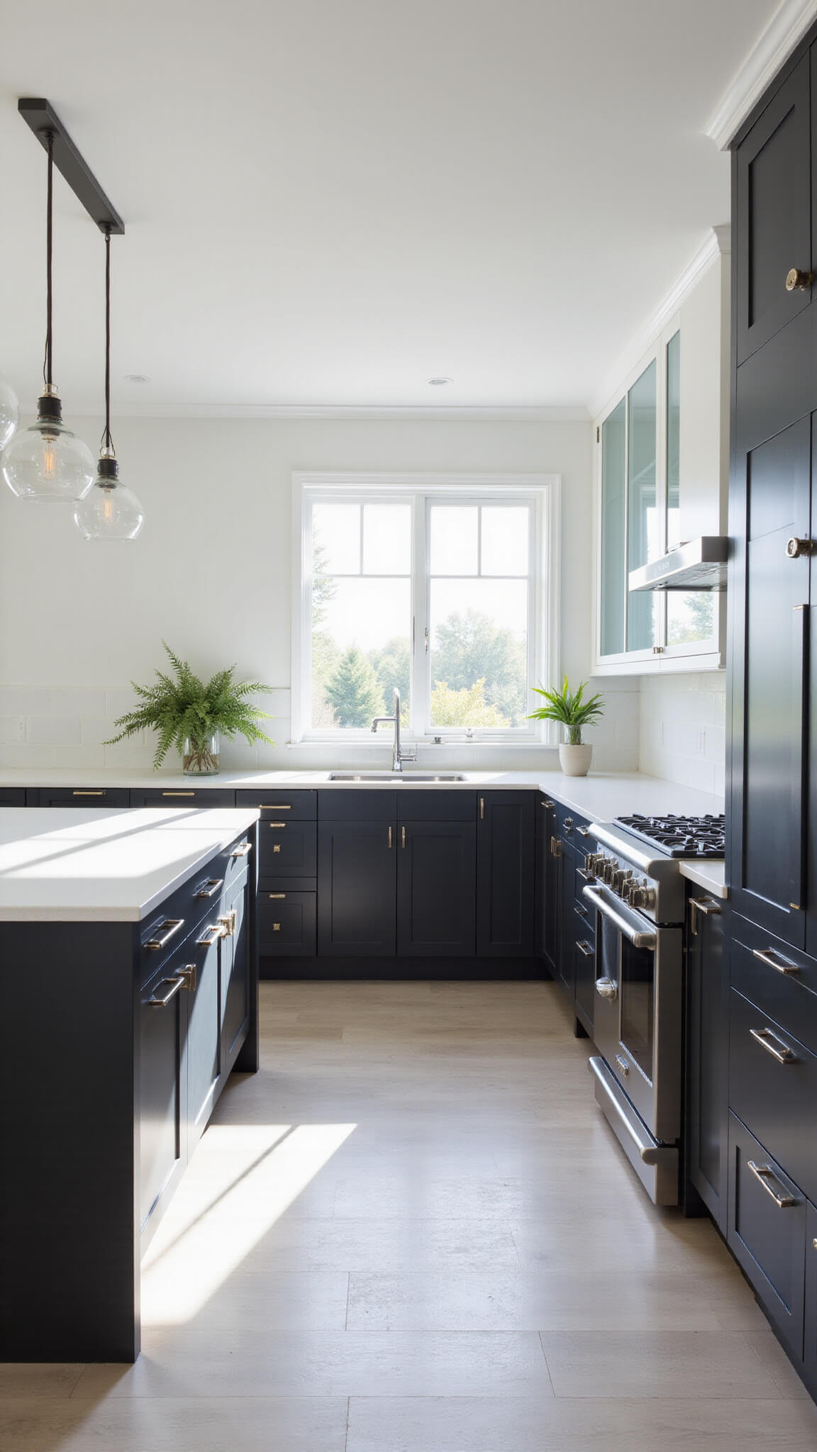 Wide-angle view of a bright, modern kitchen with white quartz counters, matte black cabinets, stainless steel appliances, and glass pendant lights, bathed in morning sunlight through a large window.