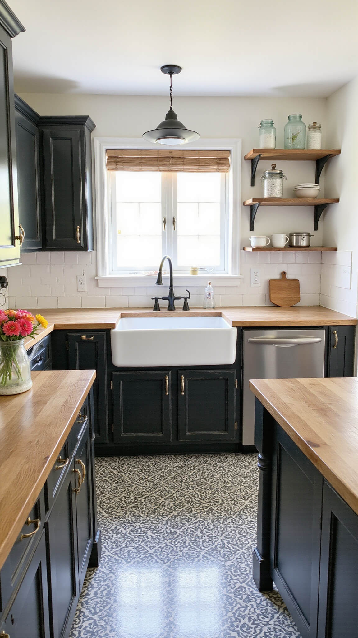 Farmhouse kitchen with black distressed cabinets, butcher block counters, white farmhouse sink, open shelving with vintage decor, patterned tile floor, and rustic island with fresh flowers.