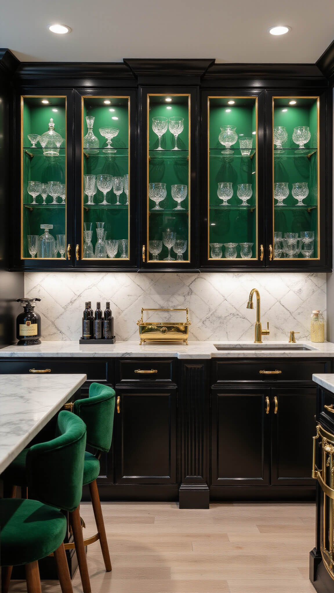 Low-angle view of a luxurious art deco kitchen with emerald glass cabinets, black and gold accents, marble surfaces, velvet bar stools, and dramatic evening lighting.