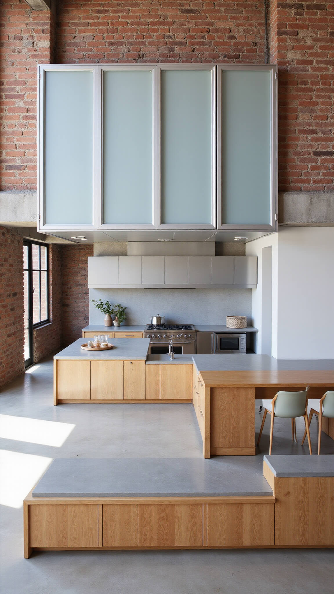 High-angle view of a modern loft kitchen with exposed brick walls, concrete floors, industrial windows, and a mix of sleek aluminum and warm wood cabinetry.