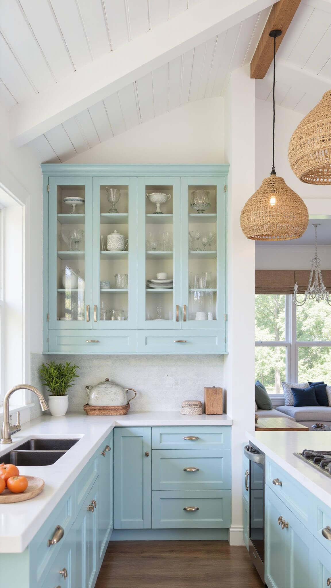 Coastal kitchen with wave-patterned glass cabinets, shiplap walls, and sea glass tile backsplash, bathed in soft morning light.