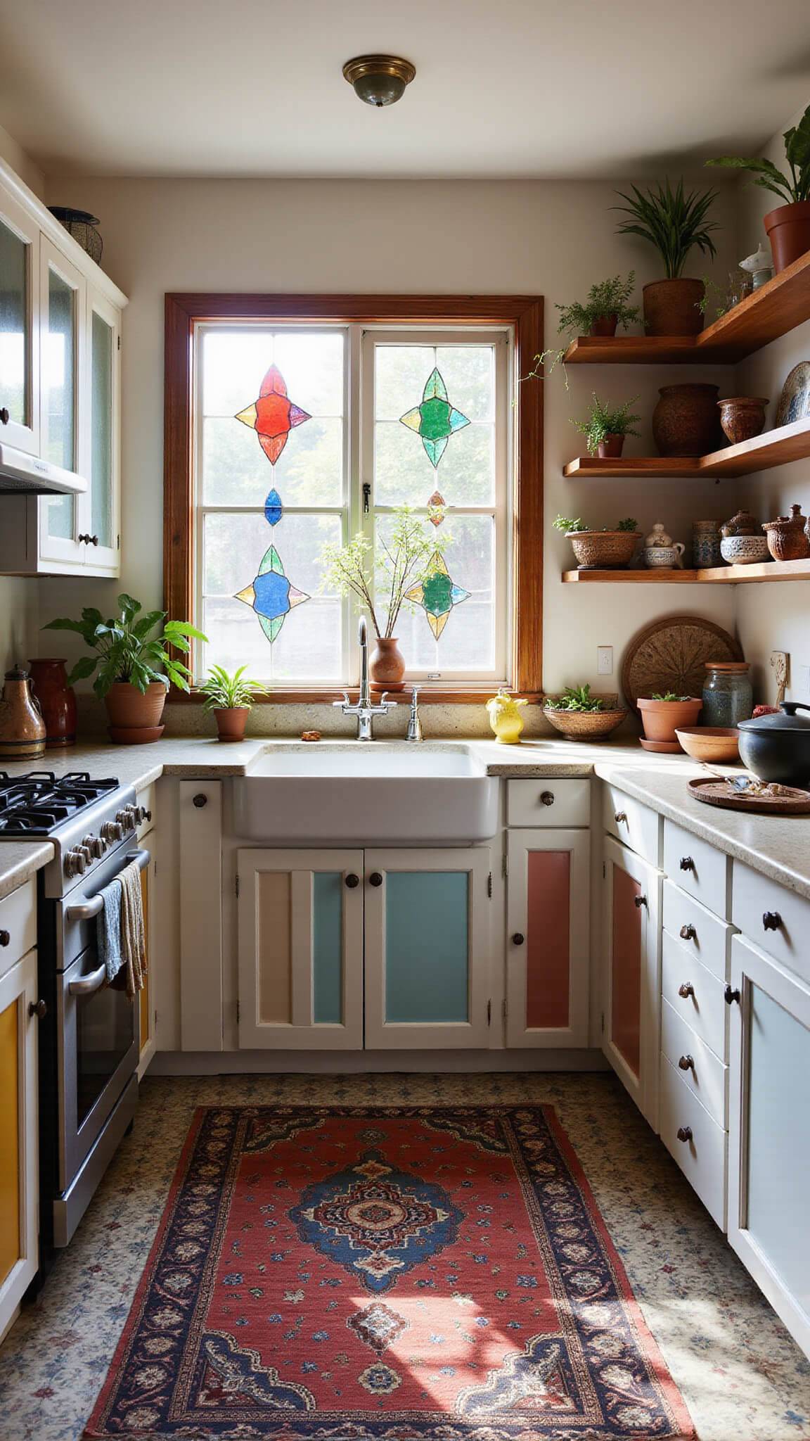Eclectic bohemian kitchen with patterned tile floors, colorful stained glass windows, mismatched glass cabinet doors, open shelves with global artifacts and plants, a vintage rug, and copper accents in rich jewel tones and warm woods.