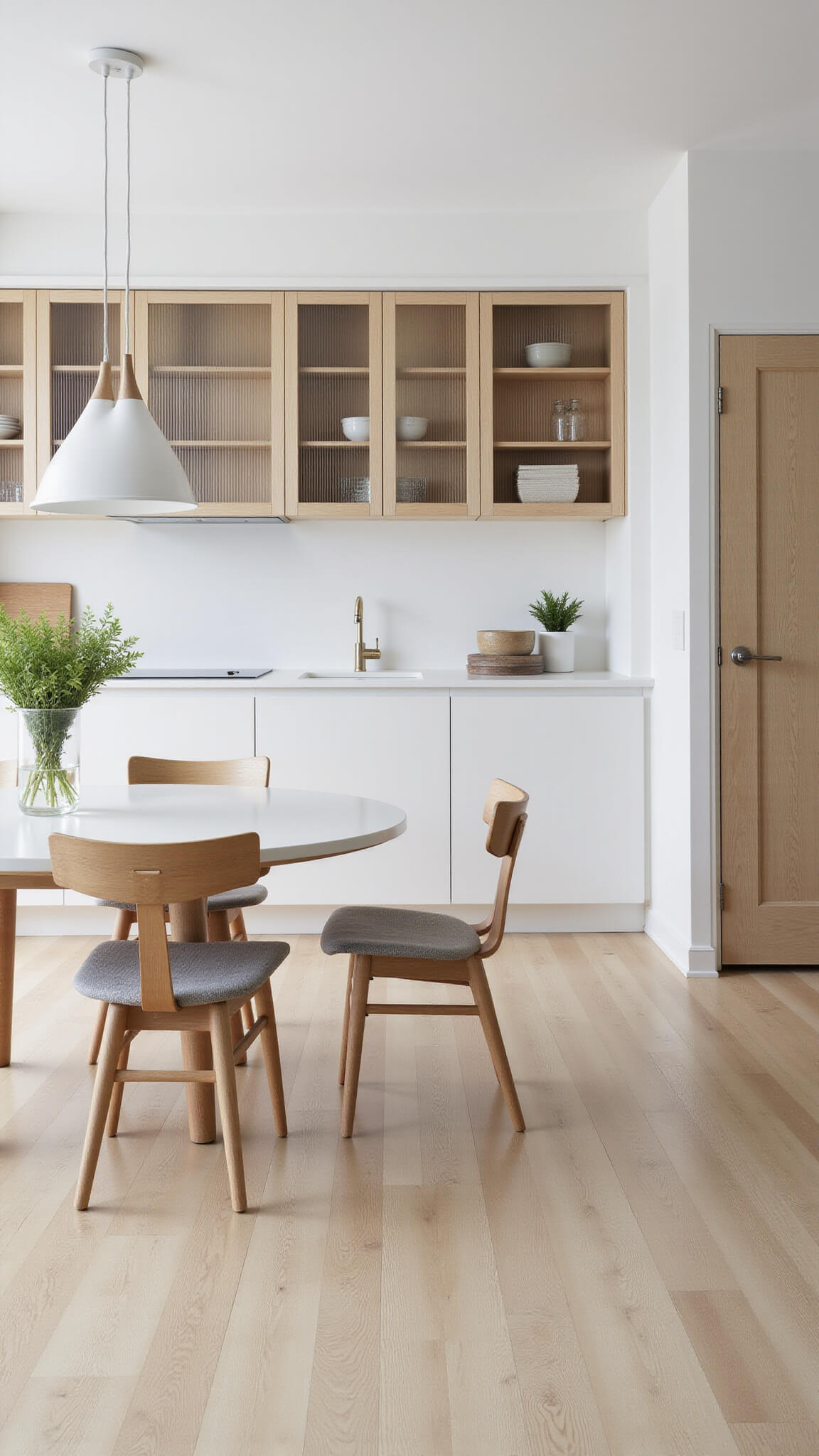 Scandinavian kitchen with pale wood floors, white walls, reeded glass cabinets, Danish dining set, and minimalist soft lighting.