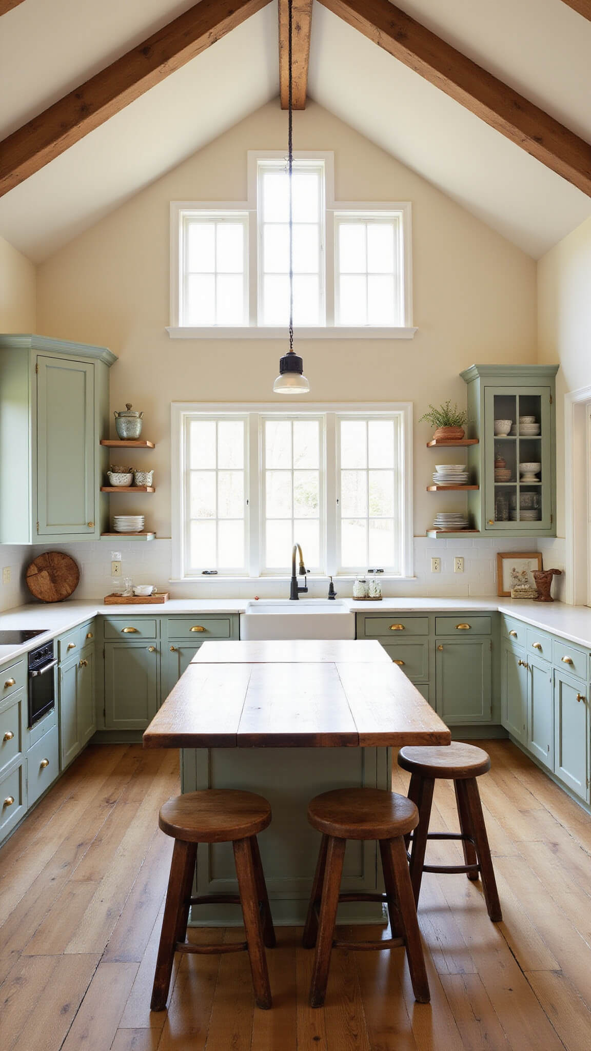 Spacious farmhouse kitchen with vaulted ceilings, sage green cabinets, rustic wooden island, and early morning sunlight streaming through large windows.