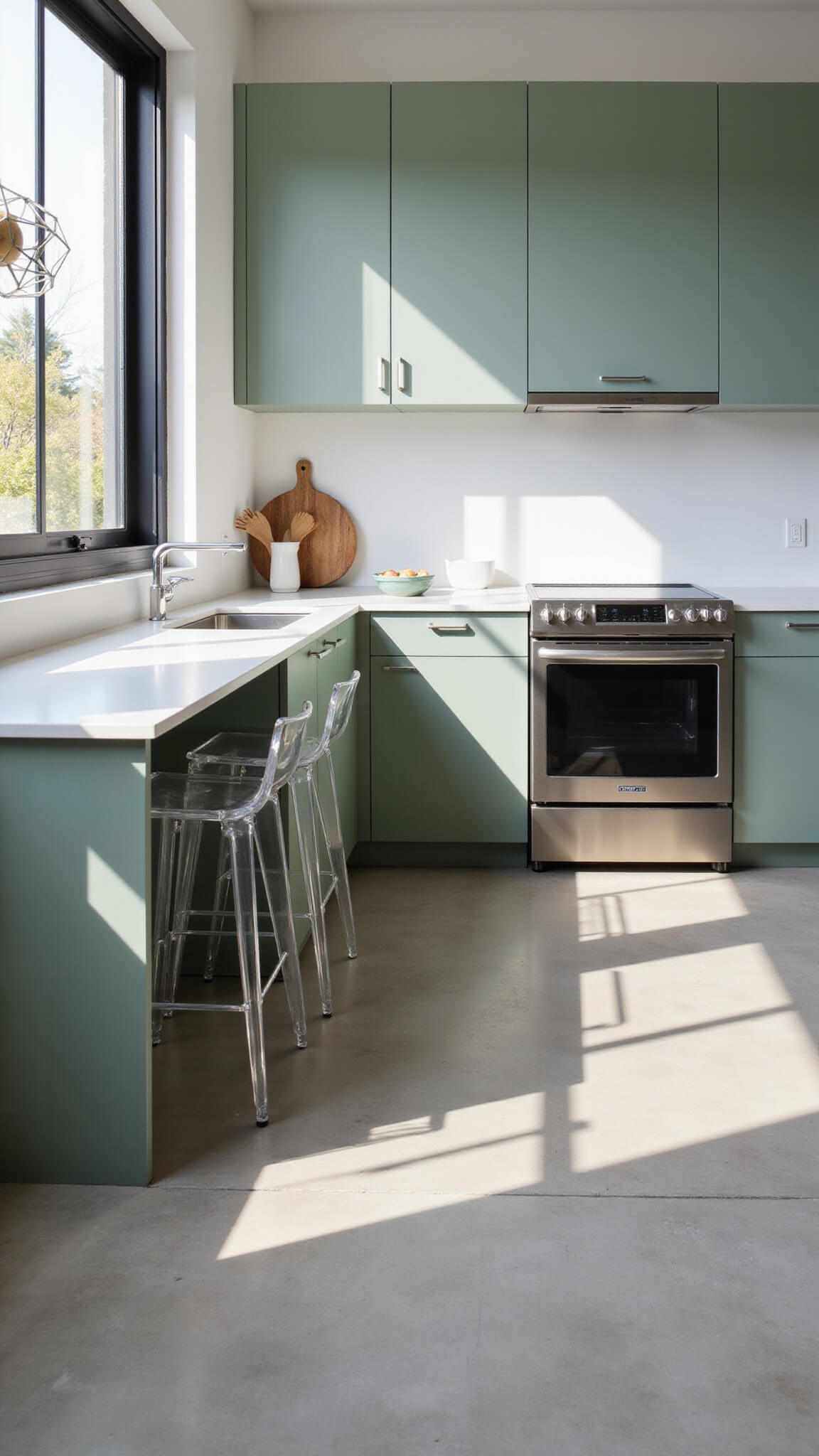 Modern sage green kitchen with quartz waterfall island, acrylic stools, stainless appliances, and floor-to-ceiling windows in late afternoon light.
