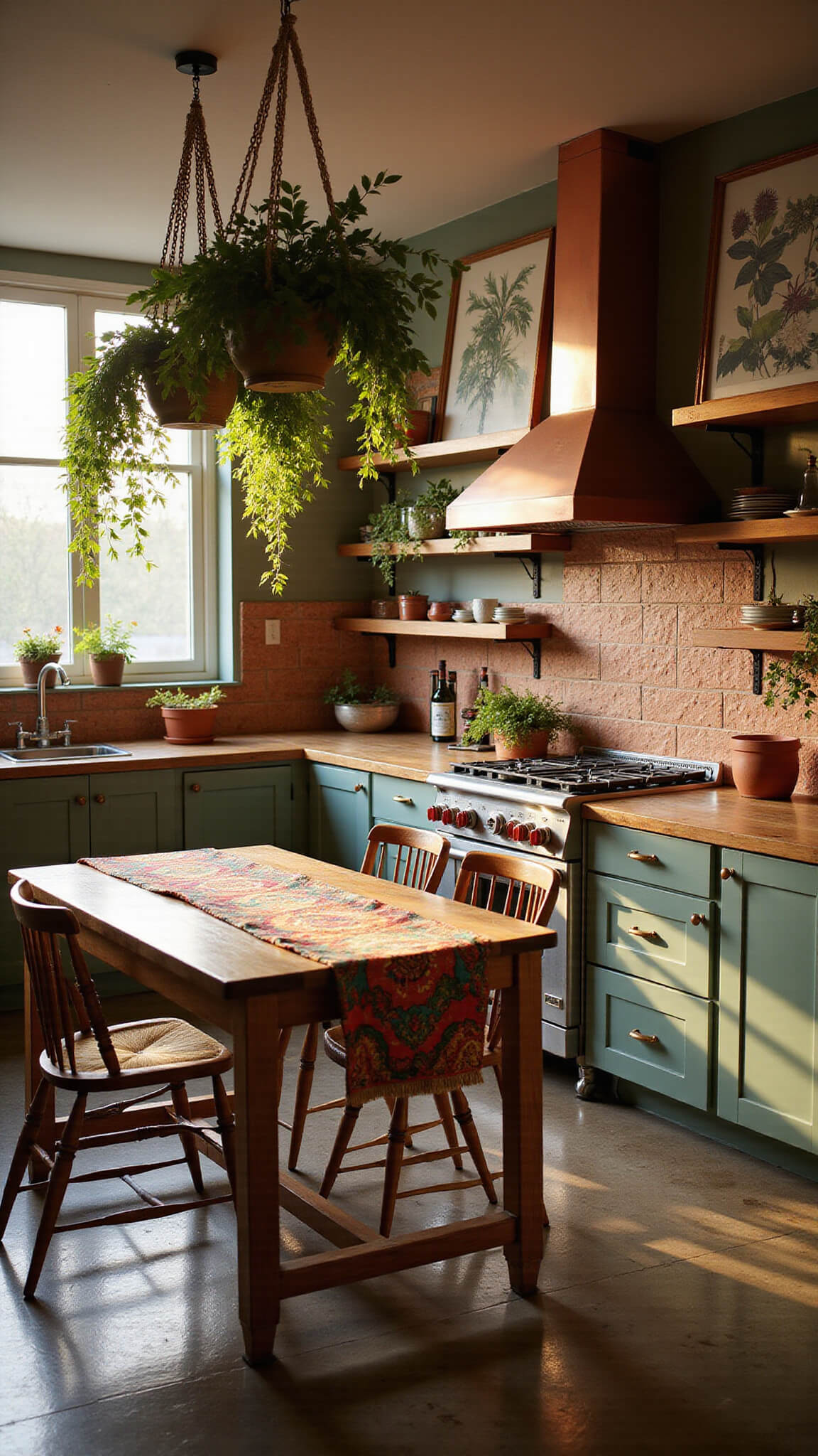 Bohemian-style kitchen with dark sage lower cabinets, terra cotta tile backsplash, wooden island with vintage chairs, hanging plants, botanical prints, and golden hour lighting.