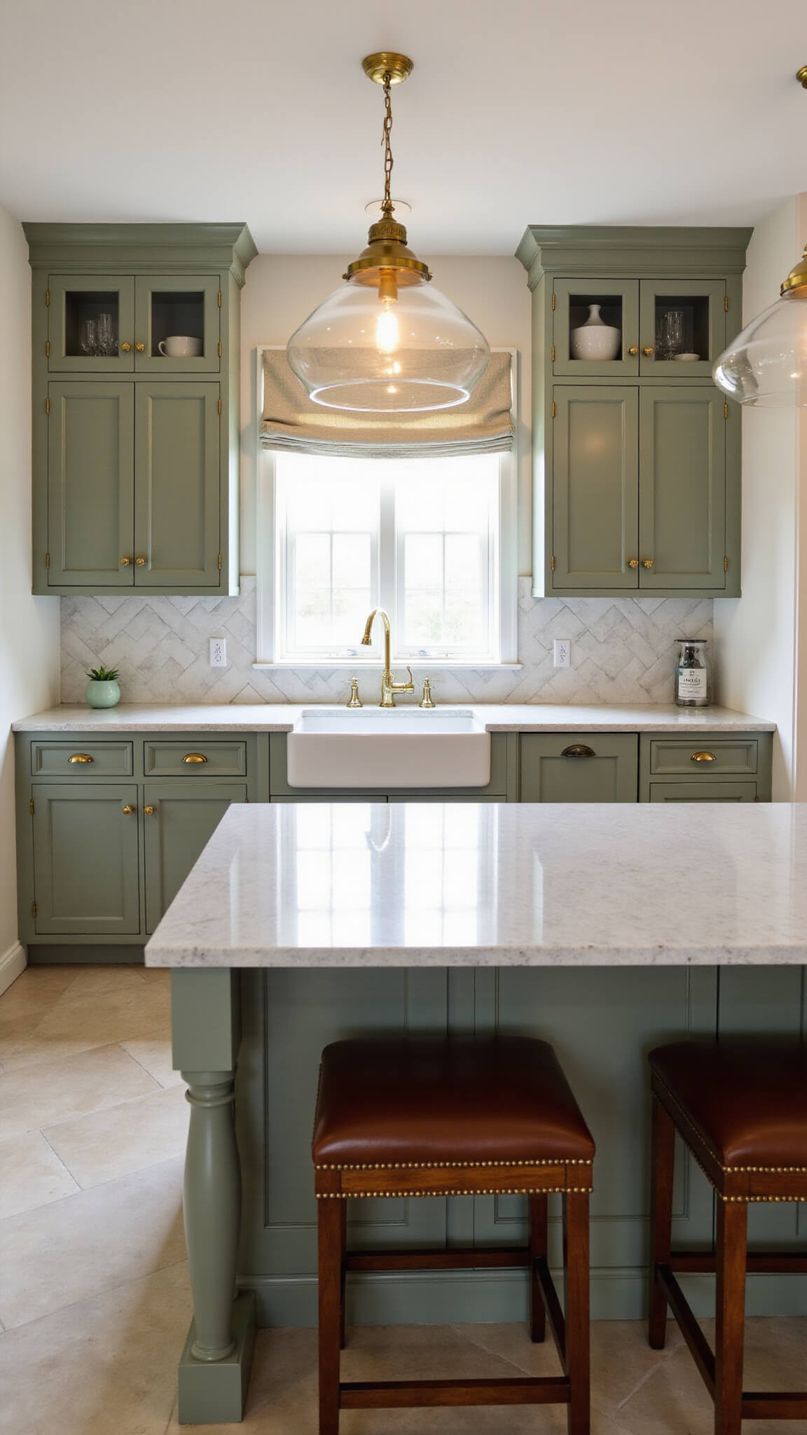 Elegant transitional kitchen with sage green cabinets, quartz countertops, herringbone marble backsplash, and a large island with brass pendant lights and leather stools.