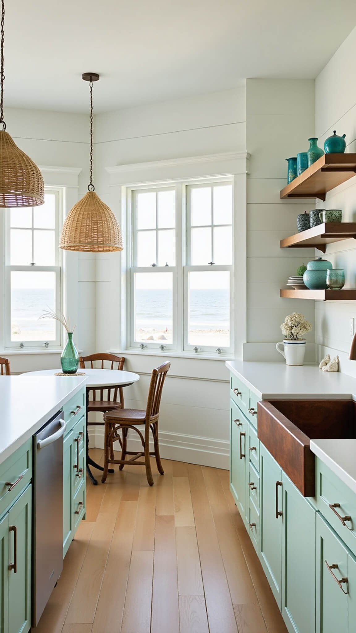Coastal kitchen with sage green cabinets, white shiplap walls, bay windows, pale wood floors, open beach-themed shelving, white quartz counters, copper sink, rattan lights, and nautical accents.