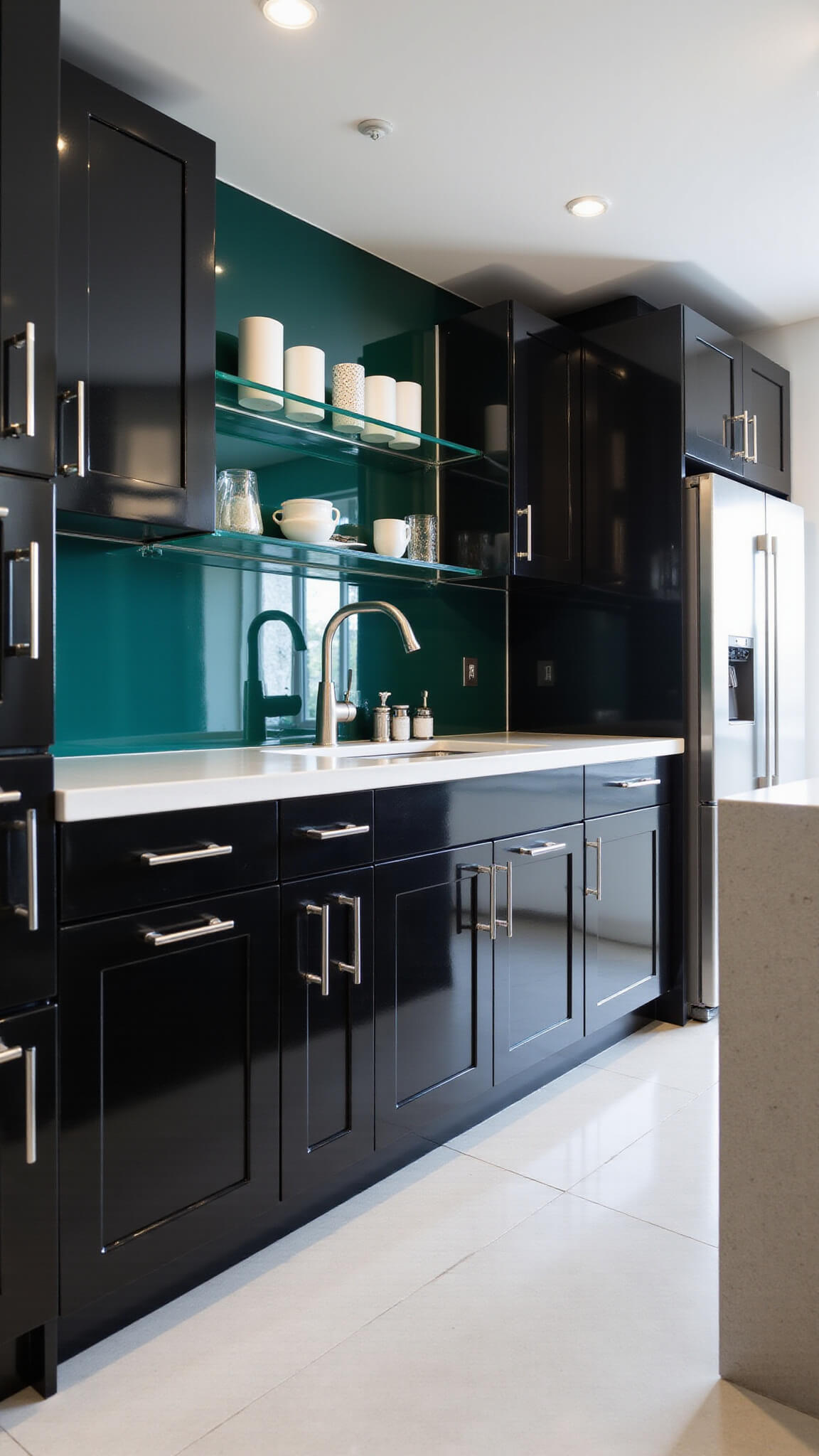 Contemporary 13x15ft kitchen with glossy black cabinets, stainless steel appliances, emerald green glass backsplash, and concrete waterfall island under bright midday lighting.