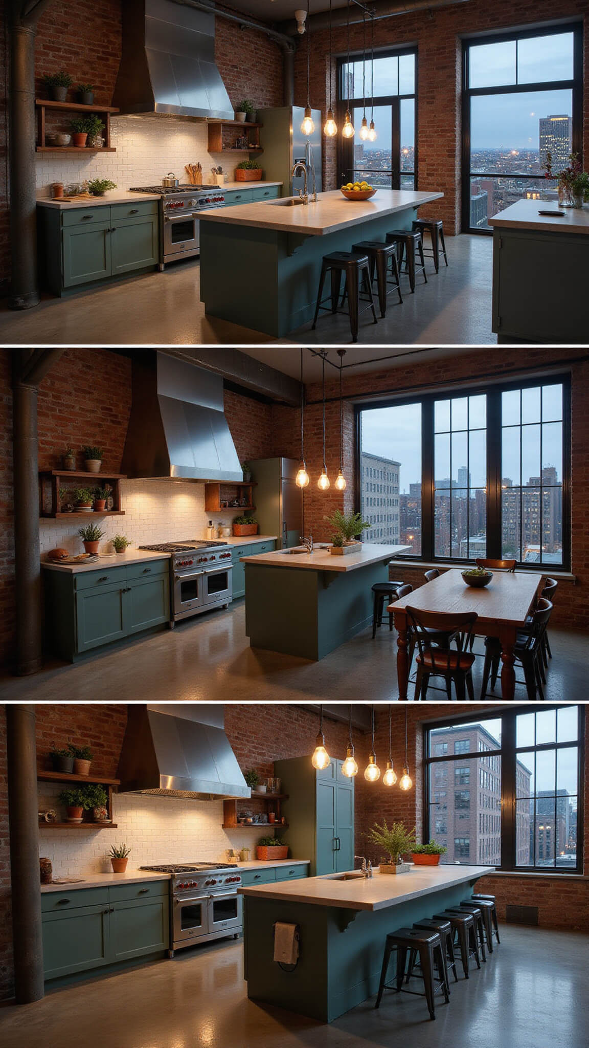 Industrial-chic loft kitchen with dark sage green and stainless steel cabinets, concrete island, exposed brick, factory windows, and moody evening lighting, viewed from above.