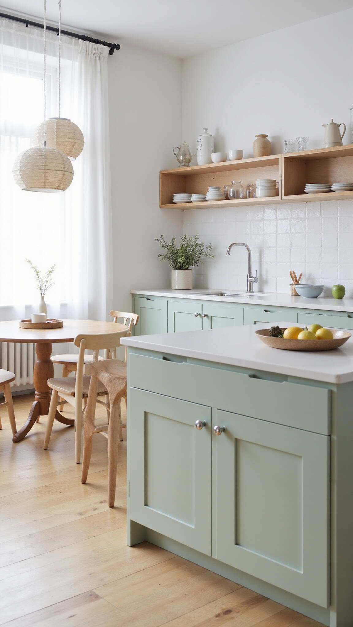 Scandinavian-inspired kitchen with sage green cabinets, light oak floors, white tile backsplash, and minimalist decor illuminated by soft morning light.