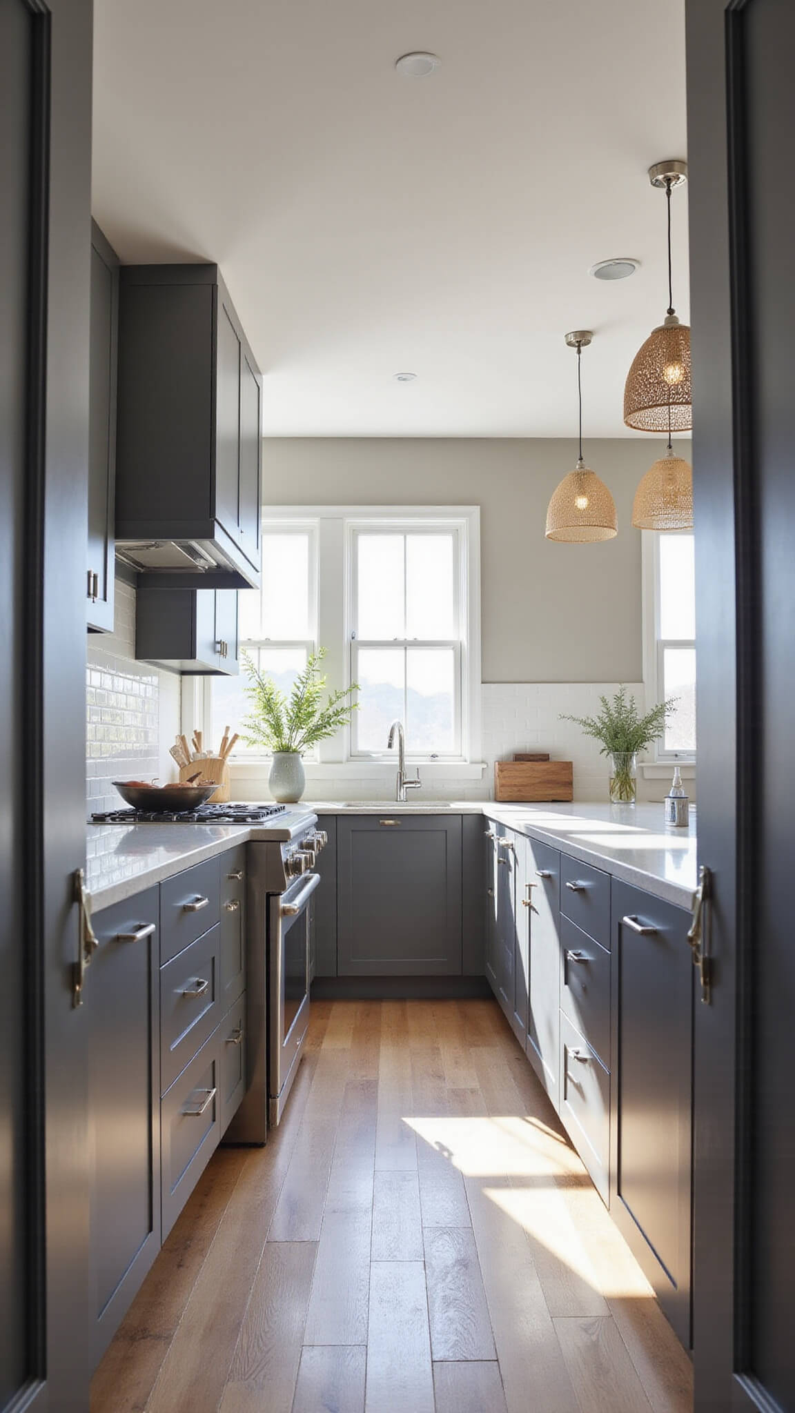 Modern 12x15ft kitchen with matte charcoal aluminum cabinets, white quartz island, stainless steel appliances, warm wood flooring, and morning light streaming through large windows.
