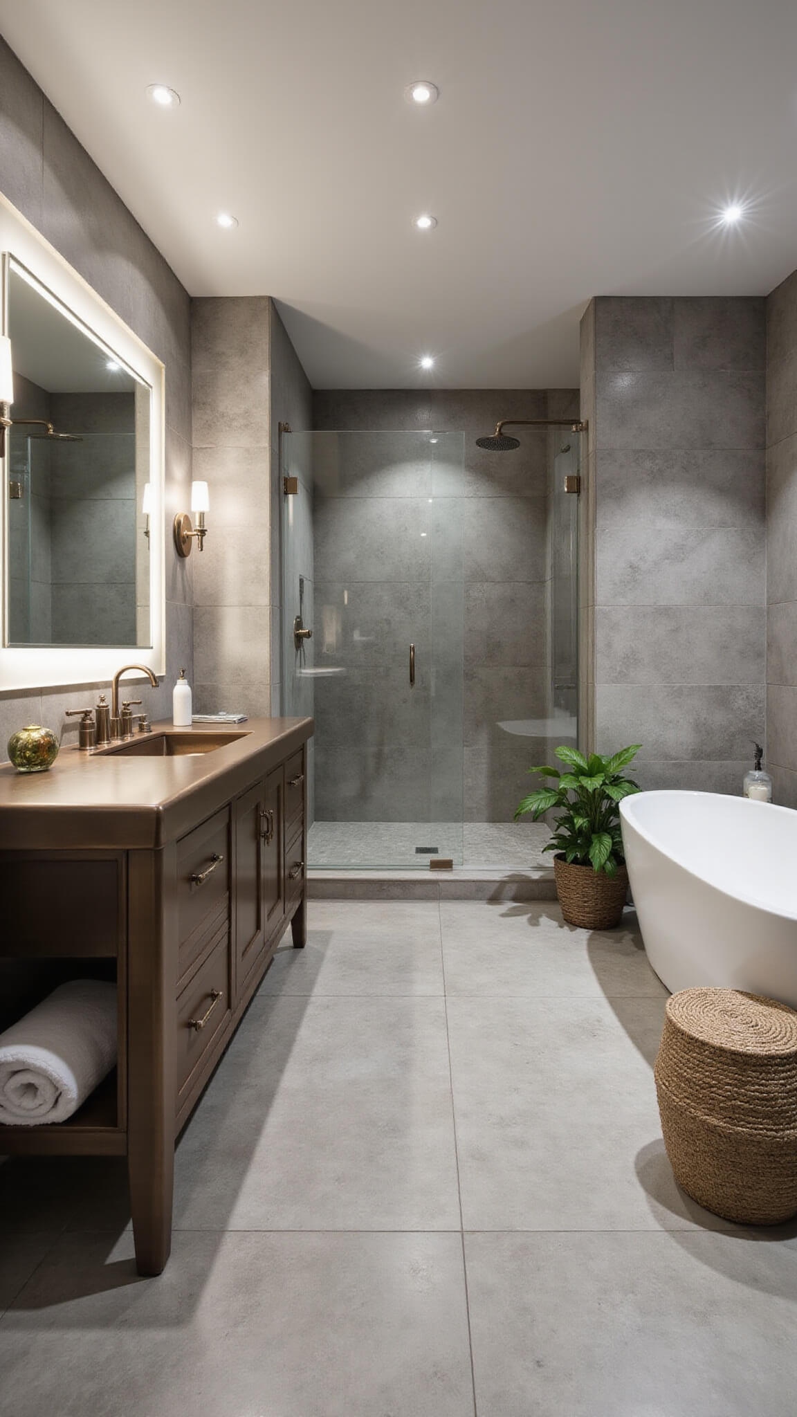 Modern 8x10ft bathroom with brushed bronze vanity, freestanding tub, marble-look porcelain tiles, and organic accents, captured from elevated corner angle.