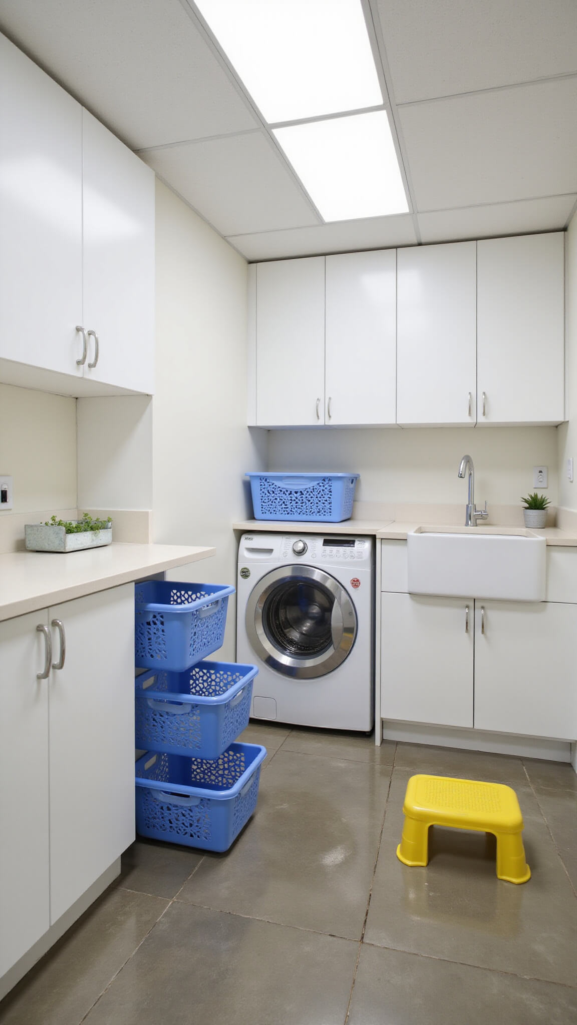 Modern 10x12ft utility room with white aluminum cabinets, front-loading washer and dryer, large sink, grey concrete-look tile floor, and blue and yellow accents.