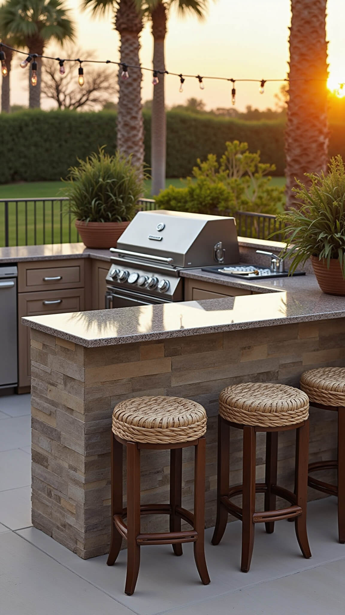Outdoor kitchen with wood-grain aluminum cabinets, stone island with stainless steel grill, granite countertop, rattan bar stools, potted palms, and string lights at golden hour.