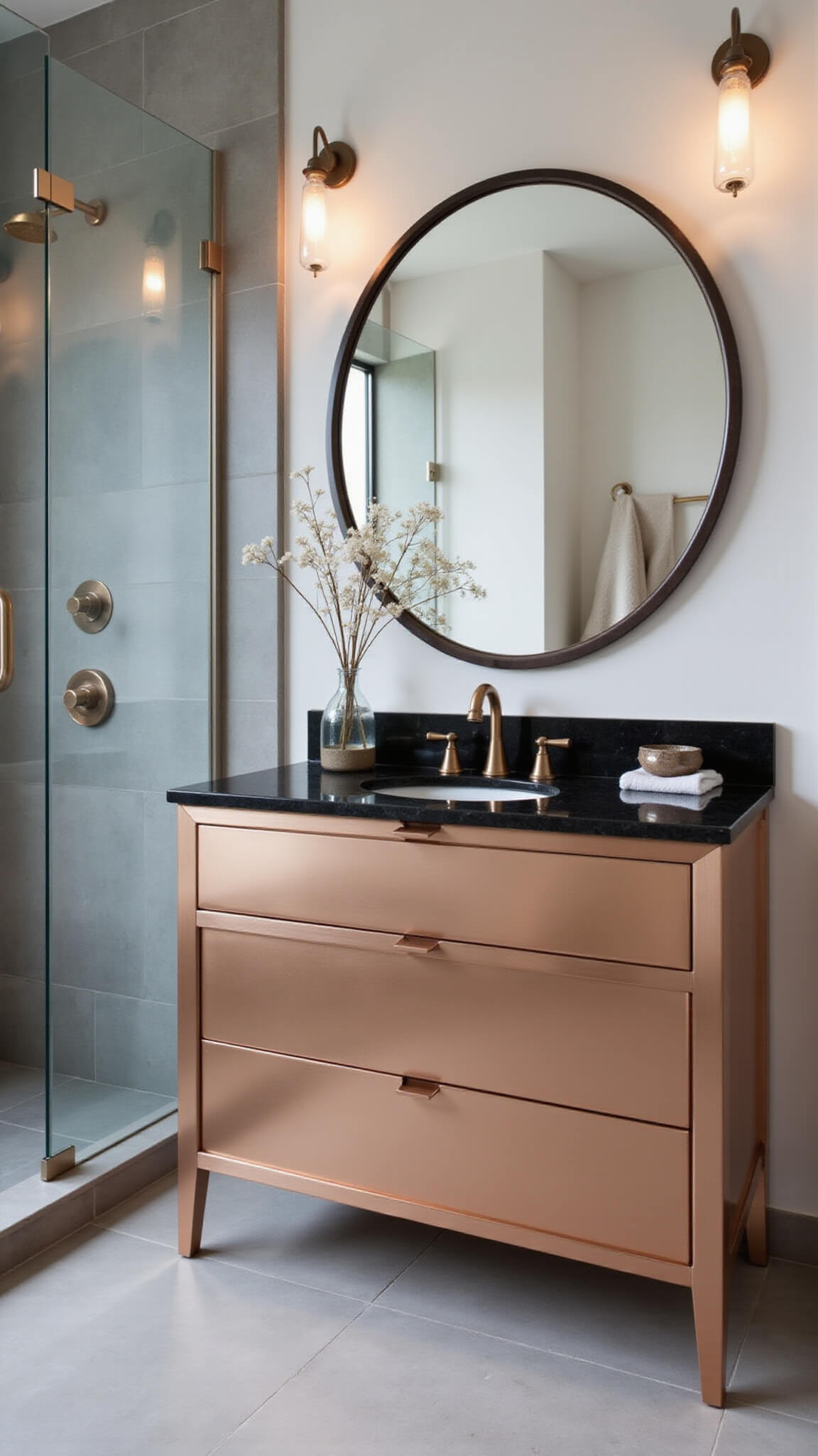 Compact 6x8ft bathroom with rose gold aluminum cabinets, black marble vanity, soft grey tiles, frameless glass shower, and warm dimmable lighting.