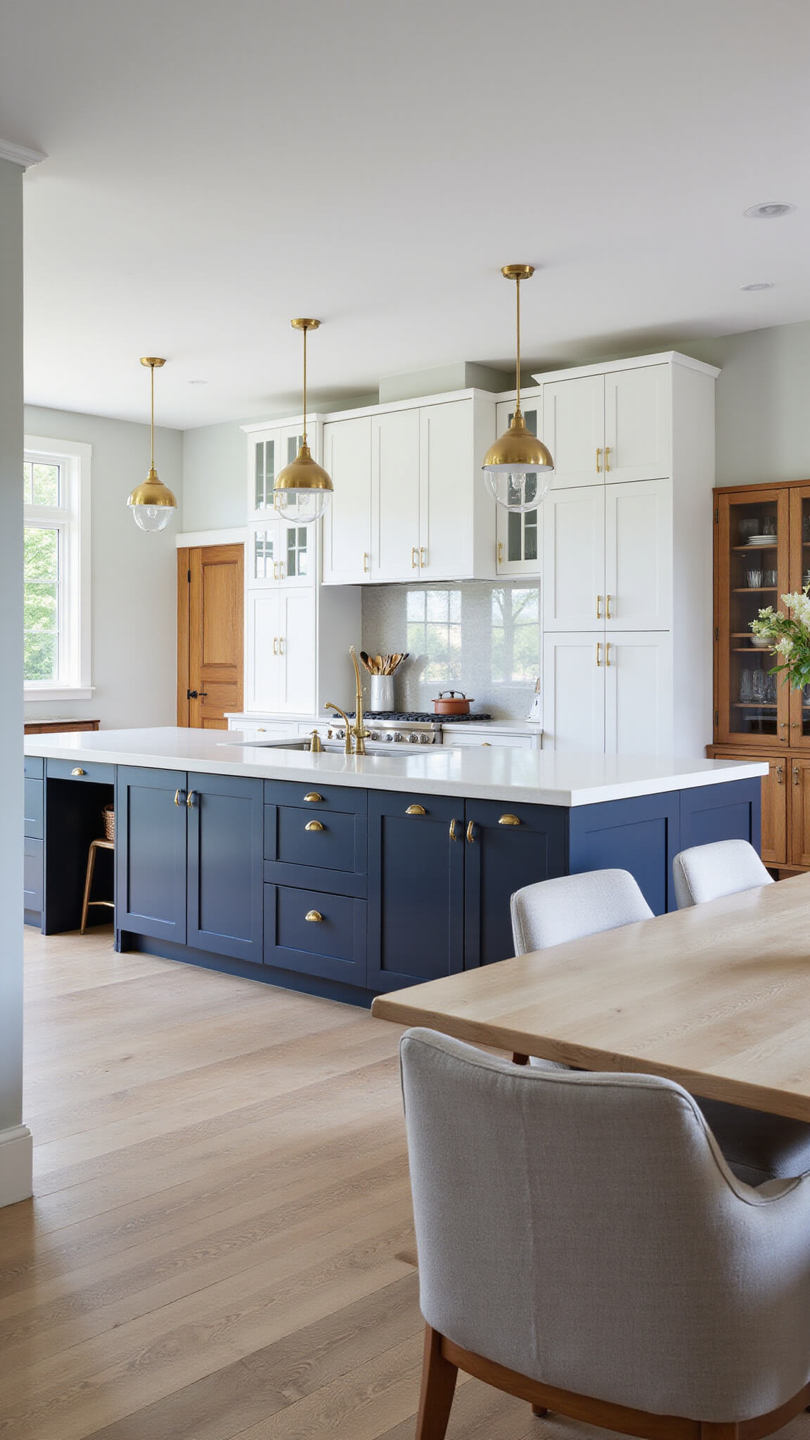 Modern 18x22ft kitchen-dining space with two-tone cabinets, light oak waterfall island, brass fixtures, and large windows providing natural light.