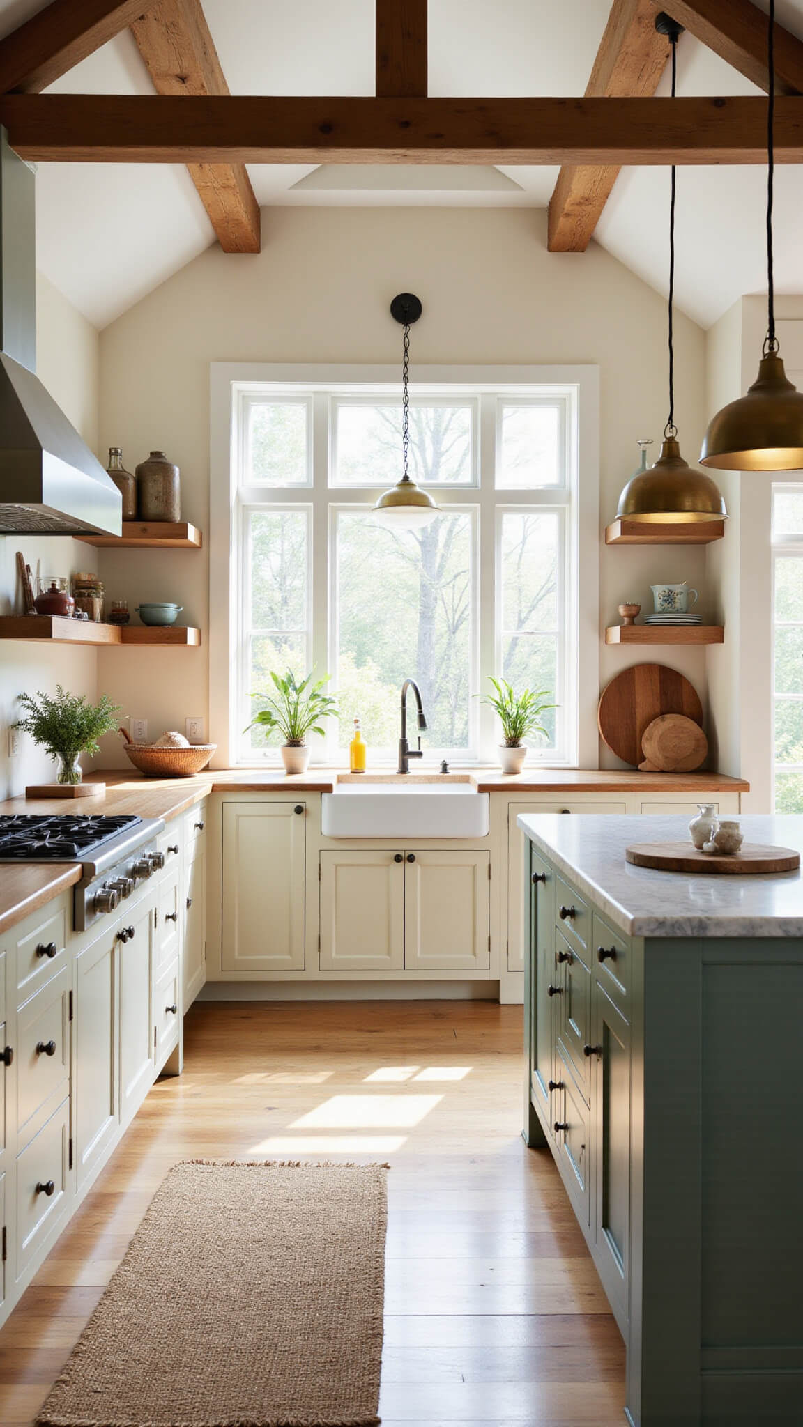 Warm, sunlit farmhouse kitchen with cream Shaker cabinets, marble island, exposed beams, and natural wood accents.