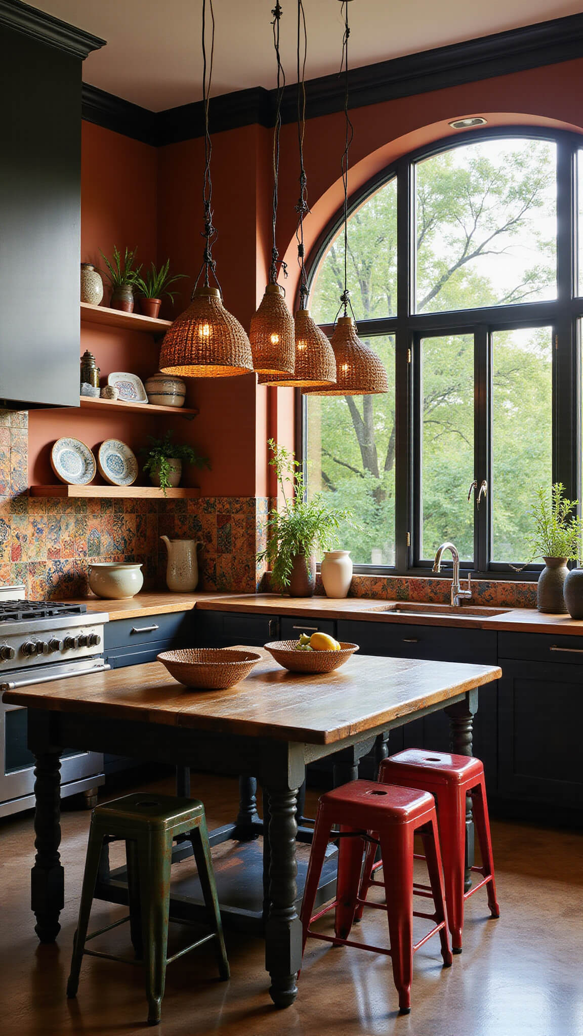 Eclectic 12x14ft kitchen-diner at golden hour with matte black cabinets, vibrant Moroccan tile backsplash, vintage farmhouse table island, colorful metal stools, rattan pendant lights, open shelving with global ceramics, and large arched window showcasing lush greenery.