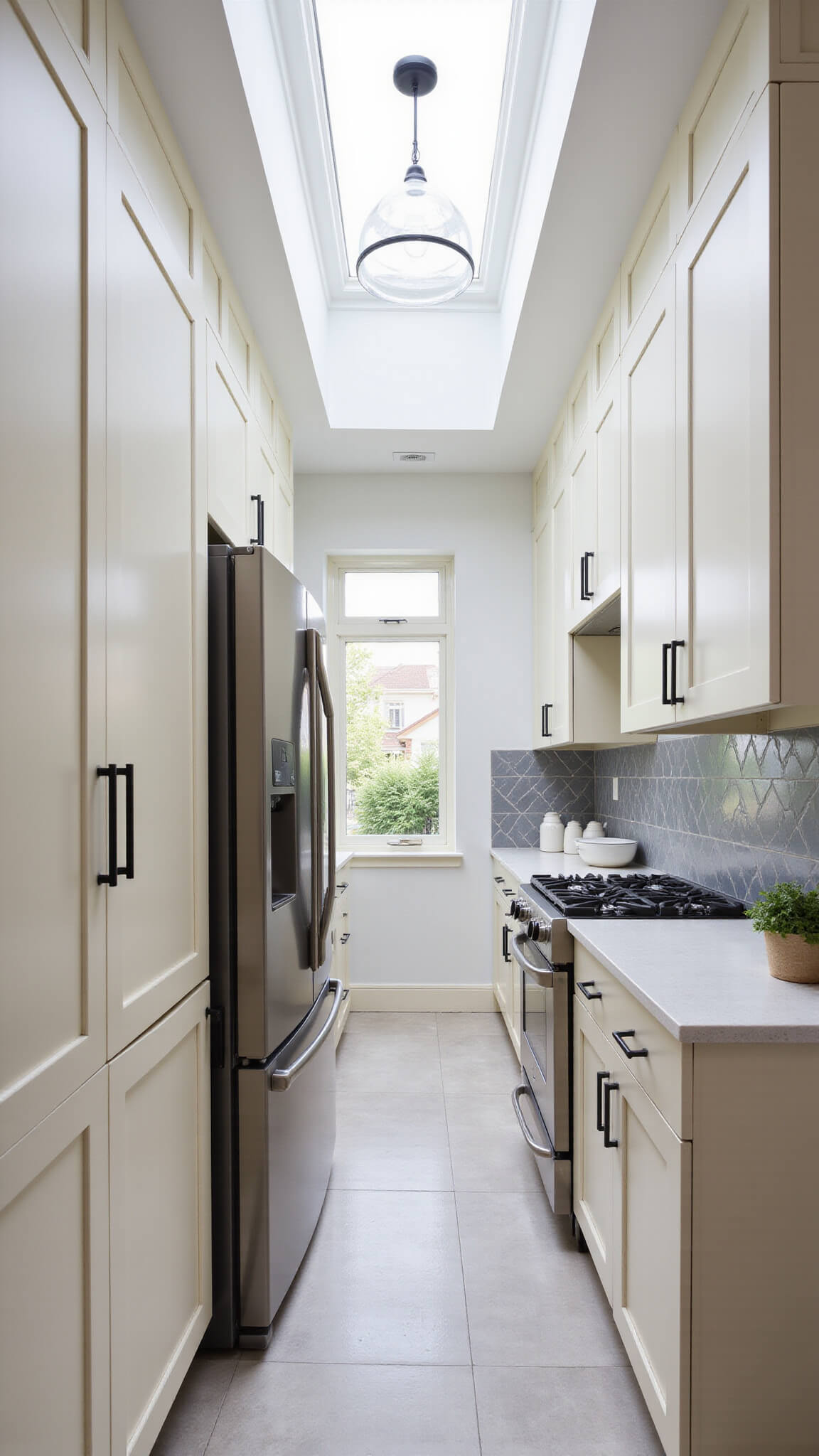Elegant cream and gray galley kitchen with skylight, black hardware, stainless appliances, and modern pendant light.