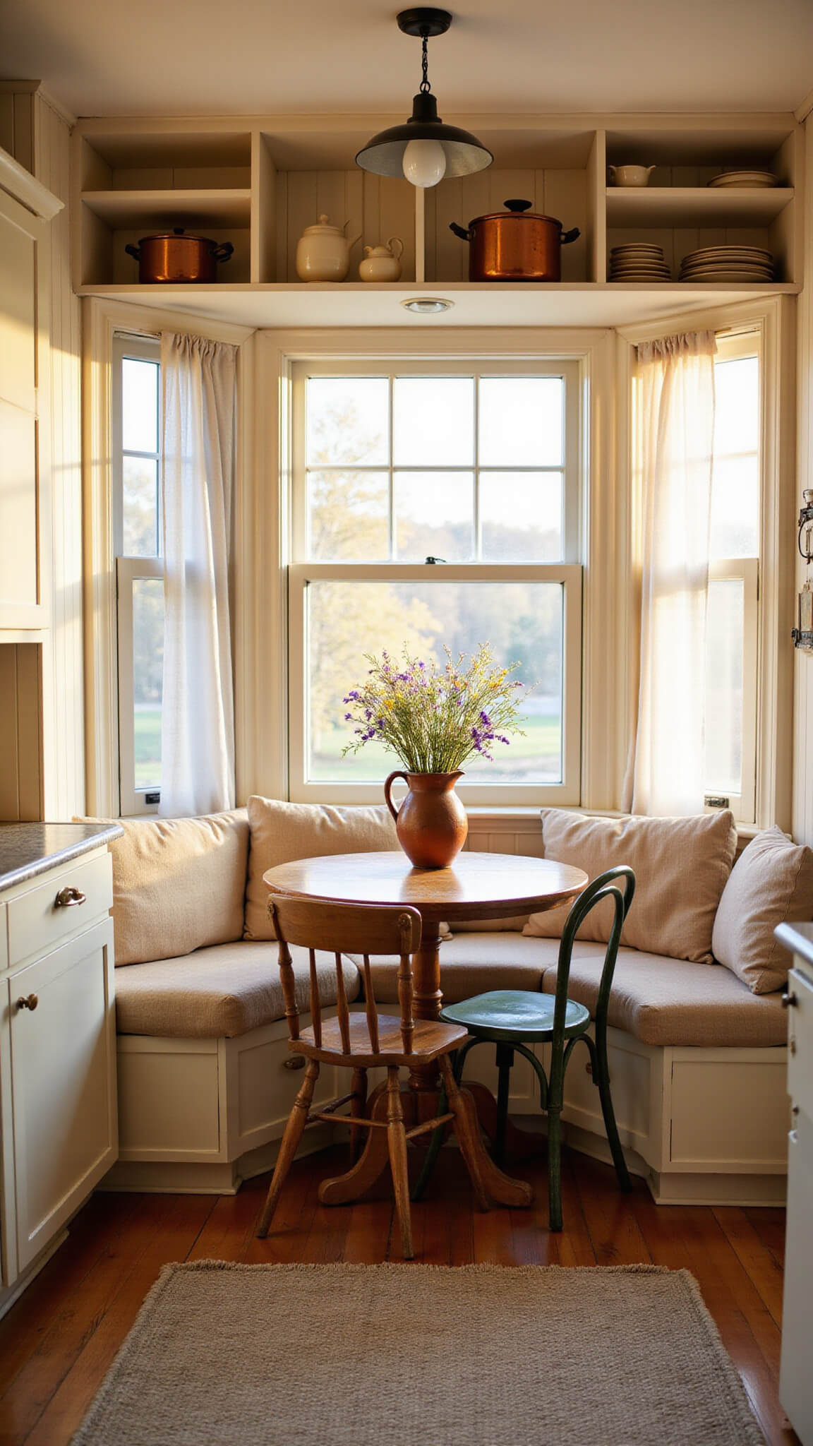 Cozy 8x10 ft kitchen nook with cream beadboard cabinets, round table by a bay window, terracotta vase of wildflowers, and warm evening light.