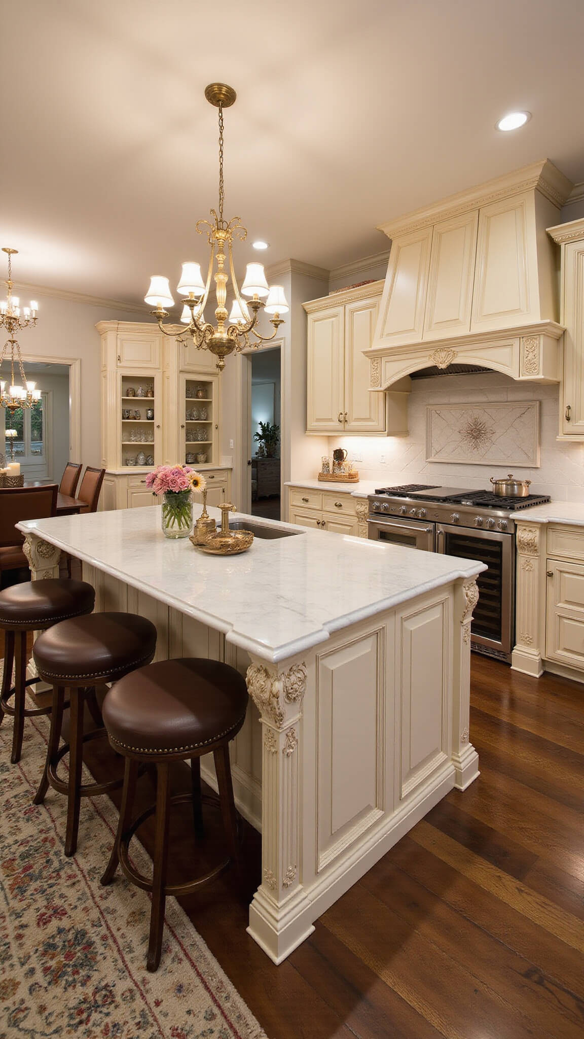 Luxurious open-concept kitchen and dining area with cream and gold cabinetry, marble island, ornate chandelier, and rich decorative details.