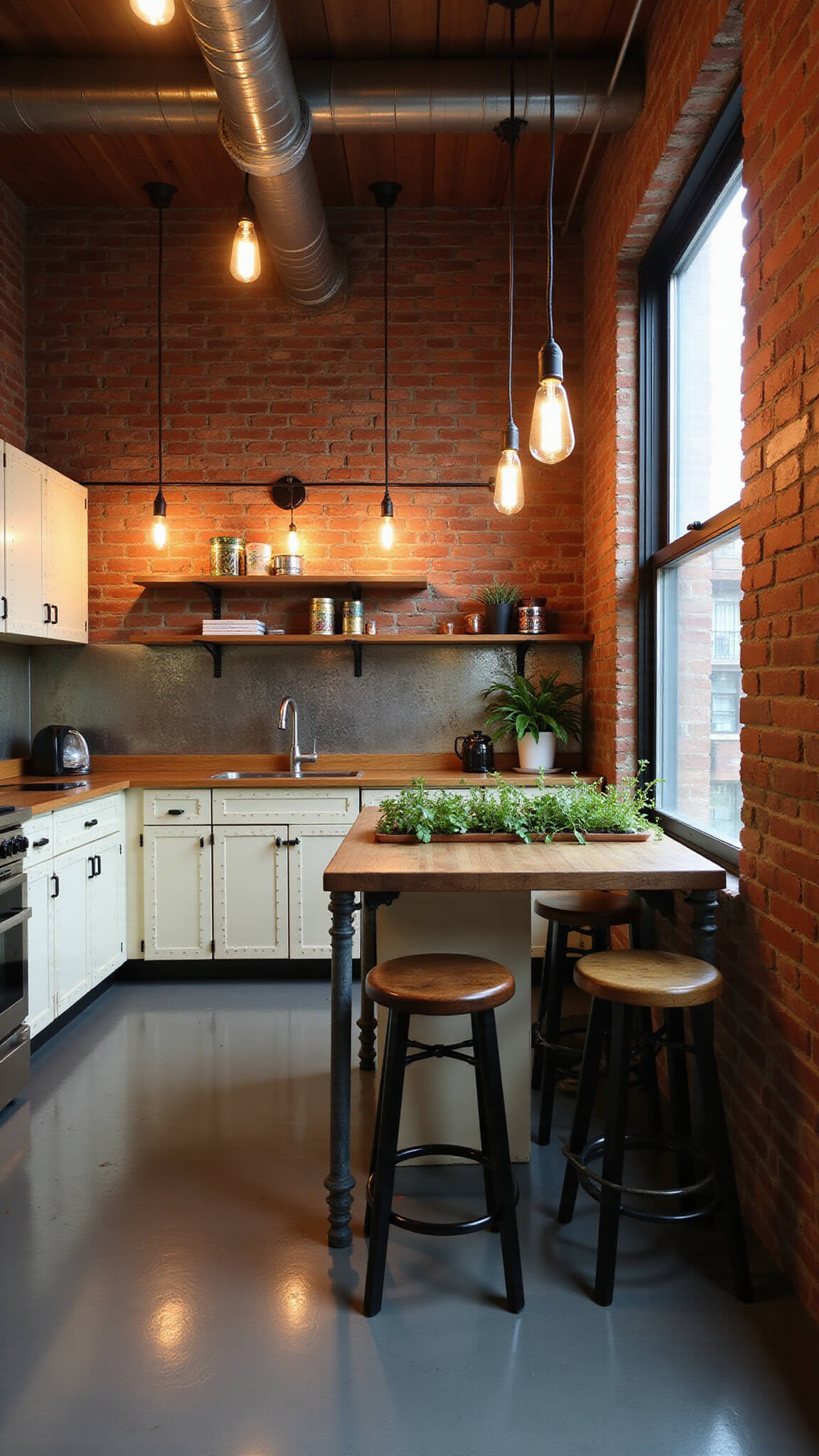 Low-angle view of an industrial-chic loft kitchen with cream metal cabinets, reclaimed wood island, exposed pipes, antique mirror backsplash, and warm Edison bulb lighting.