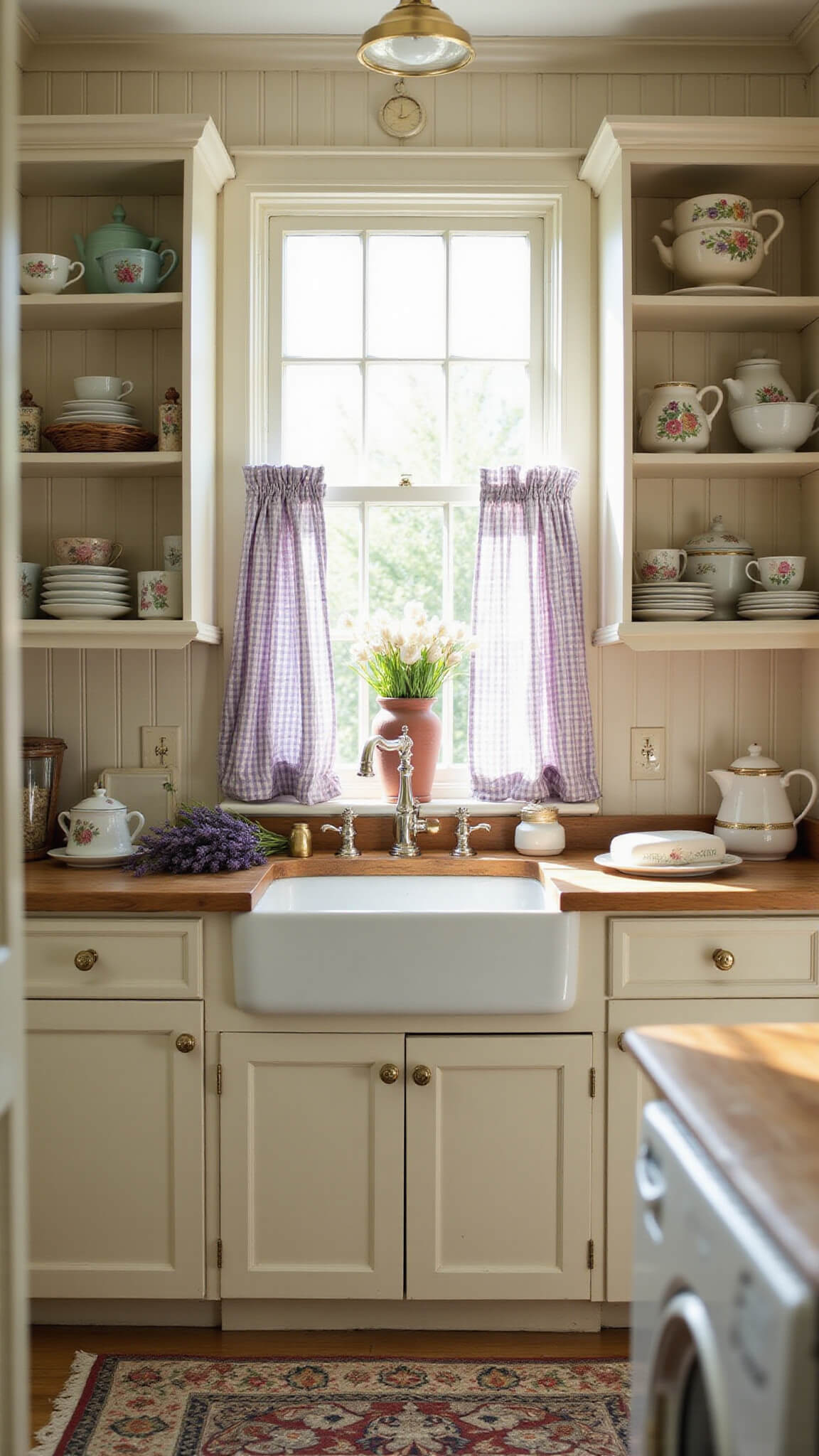 Charming cottage kitchen with cream beadboard cabinets, apron-front sink under a window with gingham curtains, vintage teacups on open shelves, butcher block countertops, and soft morning light creating a nostalgic mood.