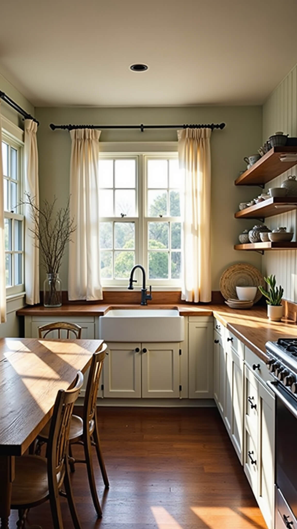 L-shaped kitchen with antique white cabinets, dark wood floor, farmhouse sink, and cozy breakfast nook in golden hour light.