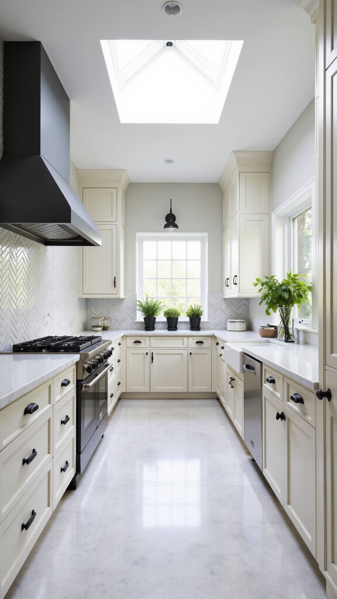 Bright galley kitchen with antique white cabinets, marble countertops, herringbone backsplash, skylight, pro-style range, and matte black hardware.