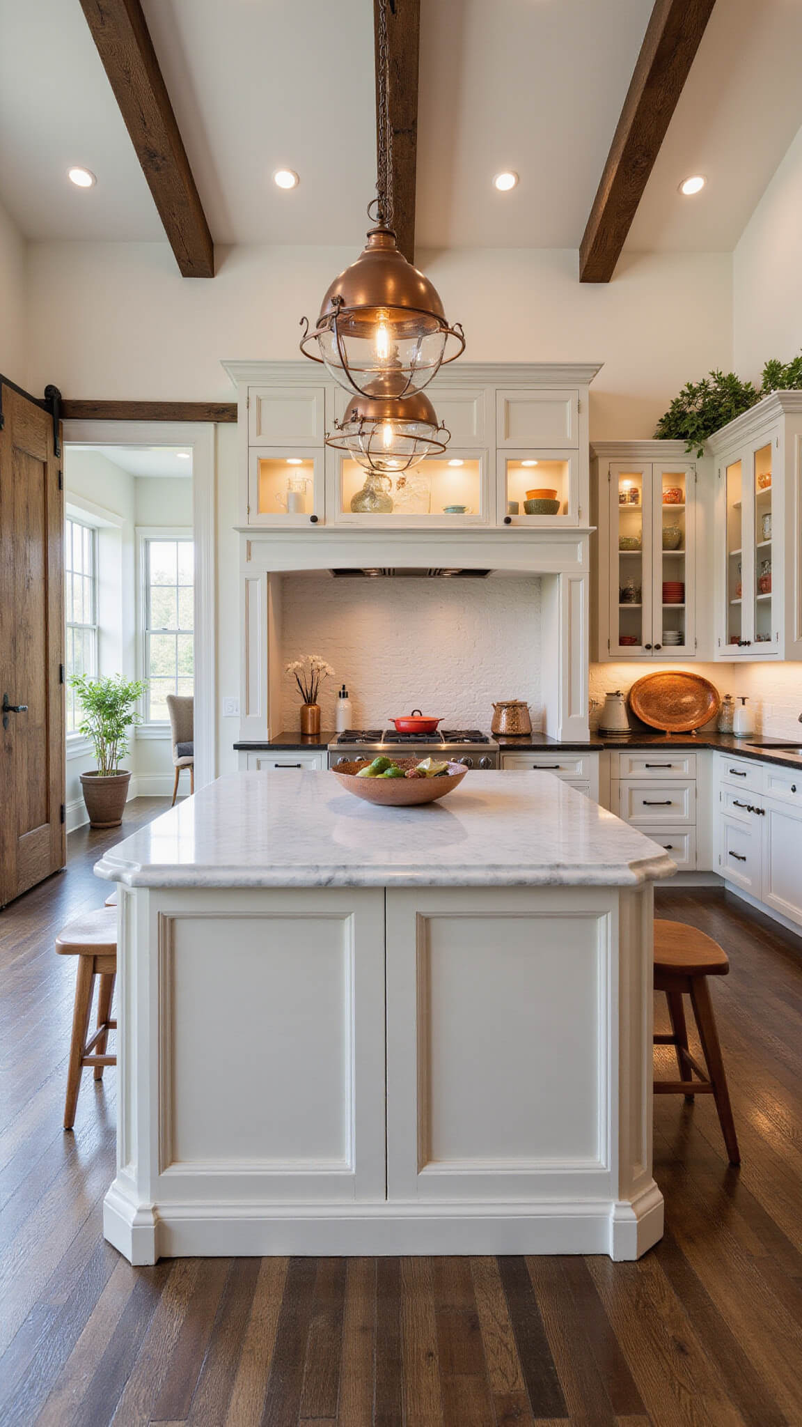 Open-concept 14x16 ft kitchen with vaulted ceiling, antique white cabinets, quartz waterfall island, wood beams, barn door, and warm evening lighting.
