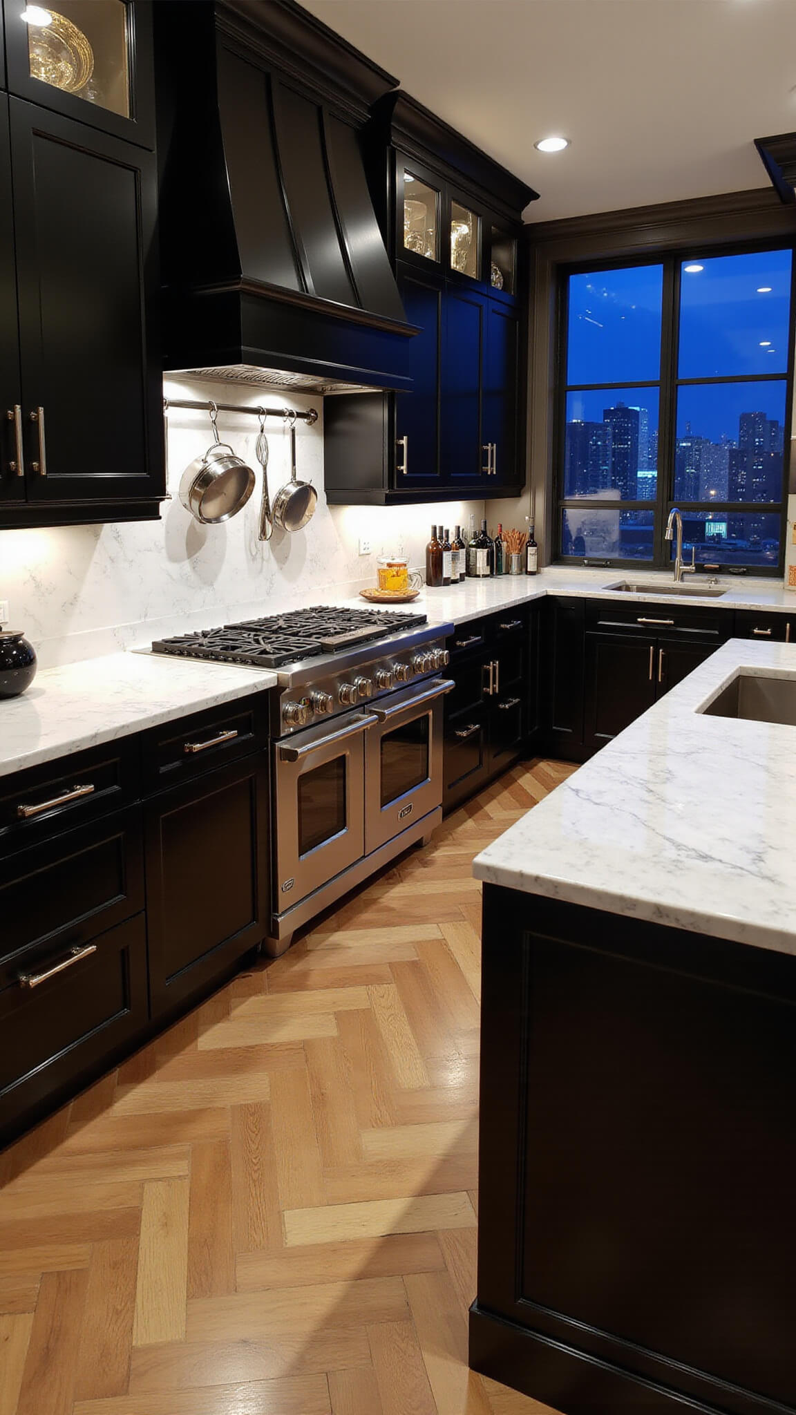 High-angle view of a luxurious 15x18ft evening chef's kitchen with black cabinets, marble island, stainless steel appliances, herringbone wood floors, and city lights visible through large windows.