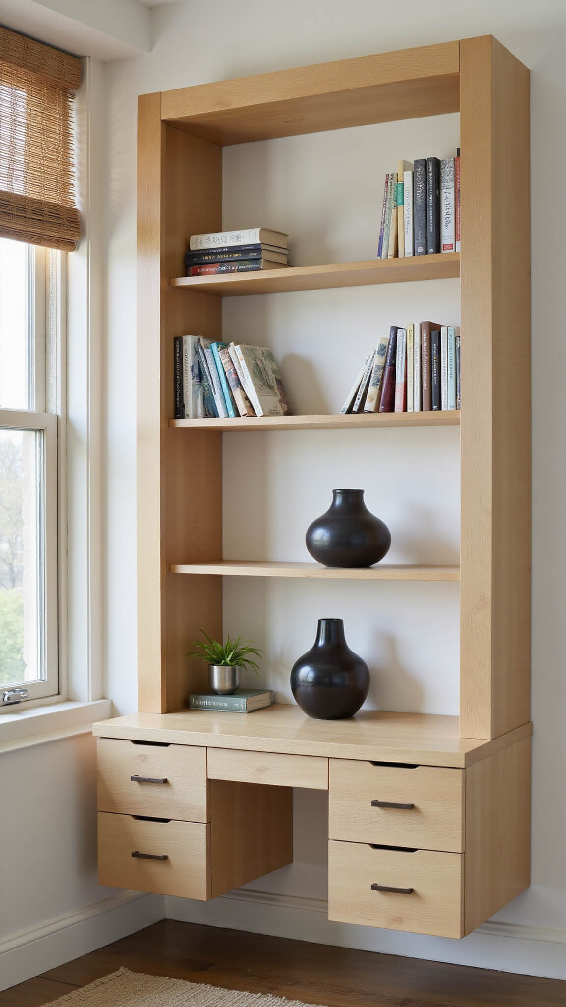 Minimalist Japandi home office with wall-mounted ash shelving, integrated desk, bamboo blinds filtering morning light, and organized decor in cool neutrals and sage green.