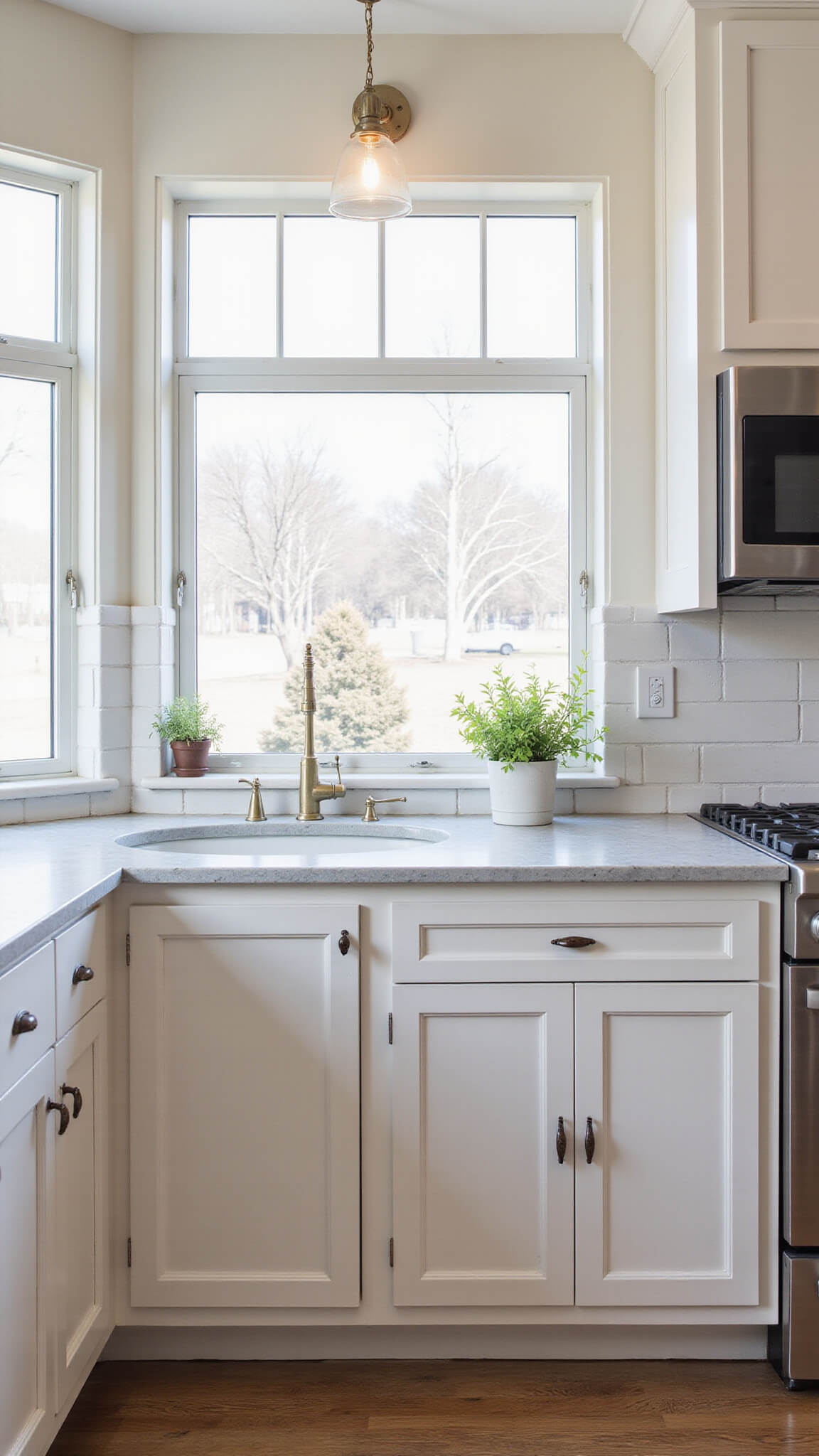 Close-up of antique white kitchen cabinets with inset doors and vintage hardware in a sunlit 9x11 ft kitchen featuring soapstone counters, a subway tile backsplash, and a windowsill herb garden.